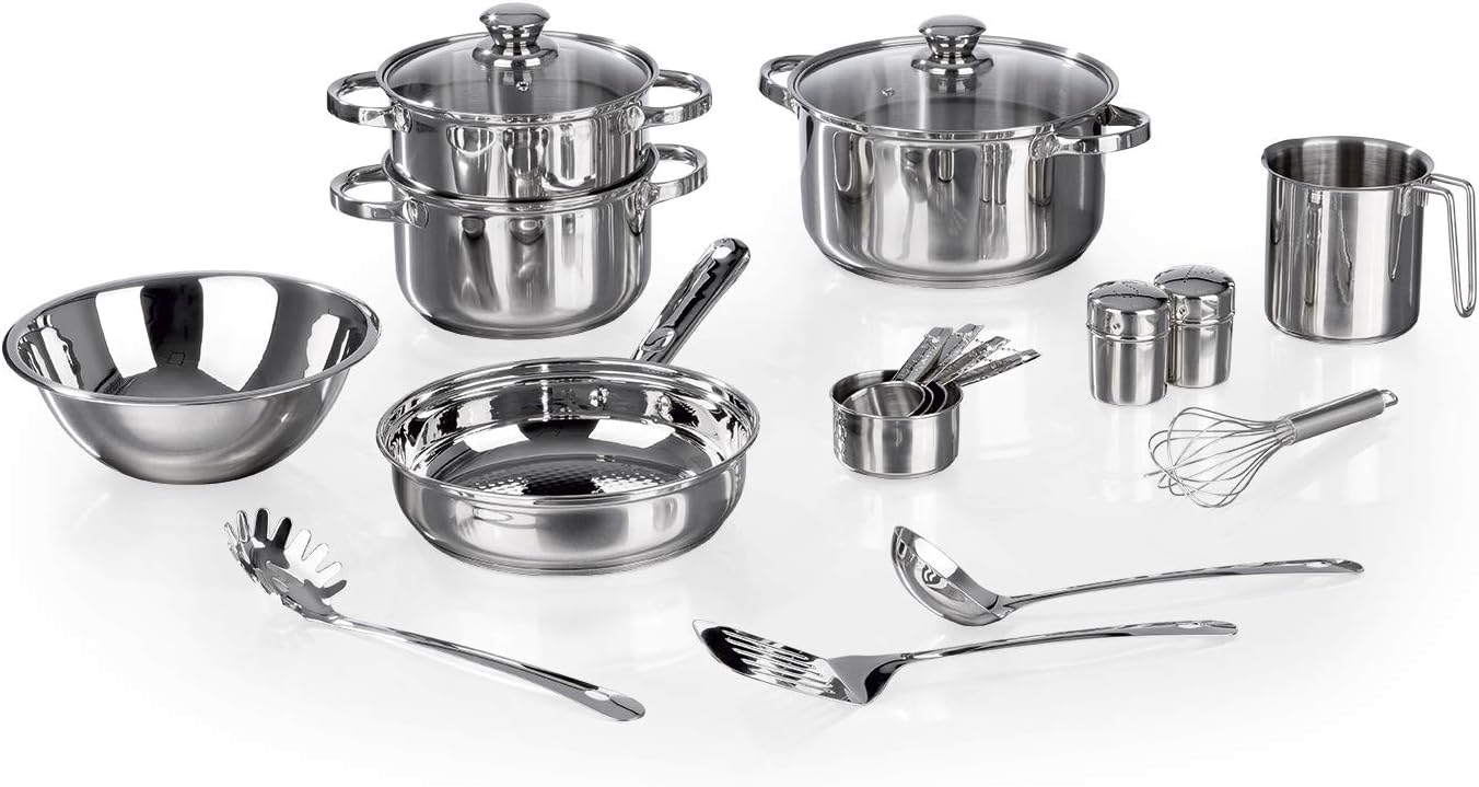MAXXMEE 18-teiliges Koch- & Zubereitungsset | Inkl. 2-stufigem Dampfgarer | Topf und Pfanne mit Aluminium-Kapsel-Boden | Für alle Herdarten geeignet [Edelstahl ]