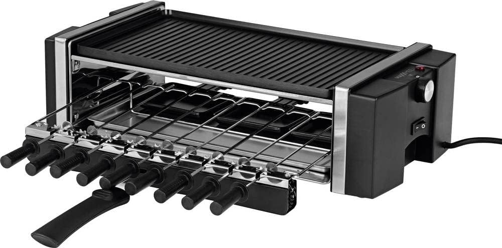 MAXXMEE 3 in 1 Raclette Grill | Kombination aus Drehspieß- und klassischem Raclette Grill | Tischgrill für das nächste Party Buffet | Wendbare Grillplatte mit geriffelter & glatter Oberfläche | 1200W
