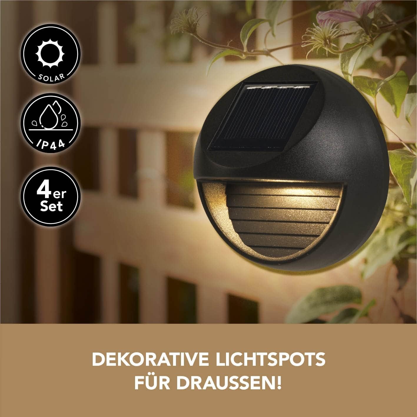 MAXXMEE 4 Solar-Zaunleuchten - Außenbeleuchtung | 4 warme, weiße Leuchten für Zäune, Wände, Türen | Lichtakzente auf der Terrasse, in der Auffahrt, im Hof | Integriertes Solarpanel [schwarz] — Ansicht 2