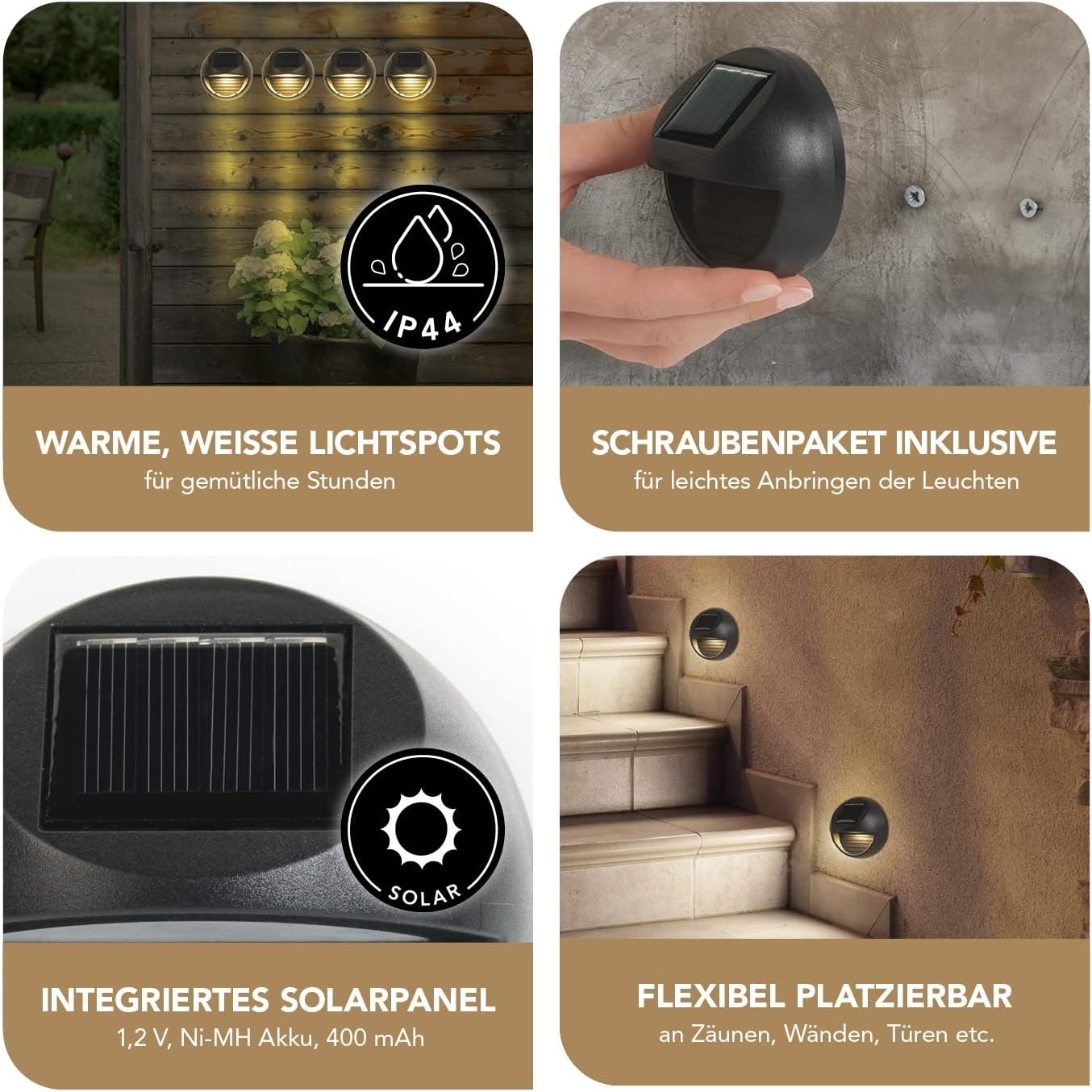 MAXXMEE 4 Solar-Zaunleuchten - Außenbeleuchtung | 4 warme, weiße Leuchten für Zäune, Wände, Türen | Lichtakzente auf der Terrasse, in der Auffahrt, im Hof | Integriertes Solarpanel [schwarz] — Ansicht 3