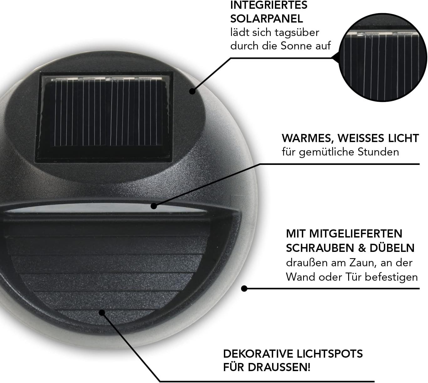 MAXXMEE 4 Solar-Zaunleuchten - Außenbeleuchtung | 4 warme, weiße Leuchten für Zäune, Wände, Türen | Lichtakzente auf der Terrasse, in der Auffahrt, im Hof | Integriertes Solarpanel [schwarz] — Ansicht 4