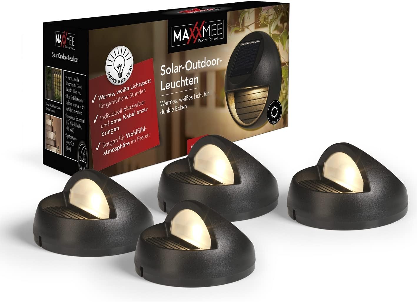 MAXXMEE 4 Solar-Zaunleuchten - Außenbeleuchtung | 4 warme, weiße Leuchten für Zäune, Wände, Türen | Lichtakzente auf der Terrasse, in der Auffahrt, im Hof | Integriertes Solarpanel [schwarz] — Ansicht 6