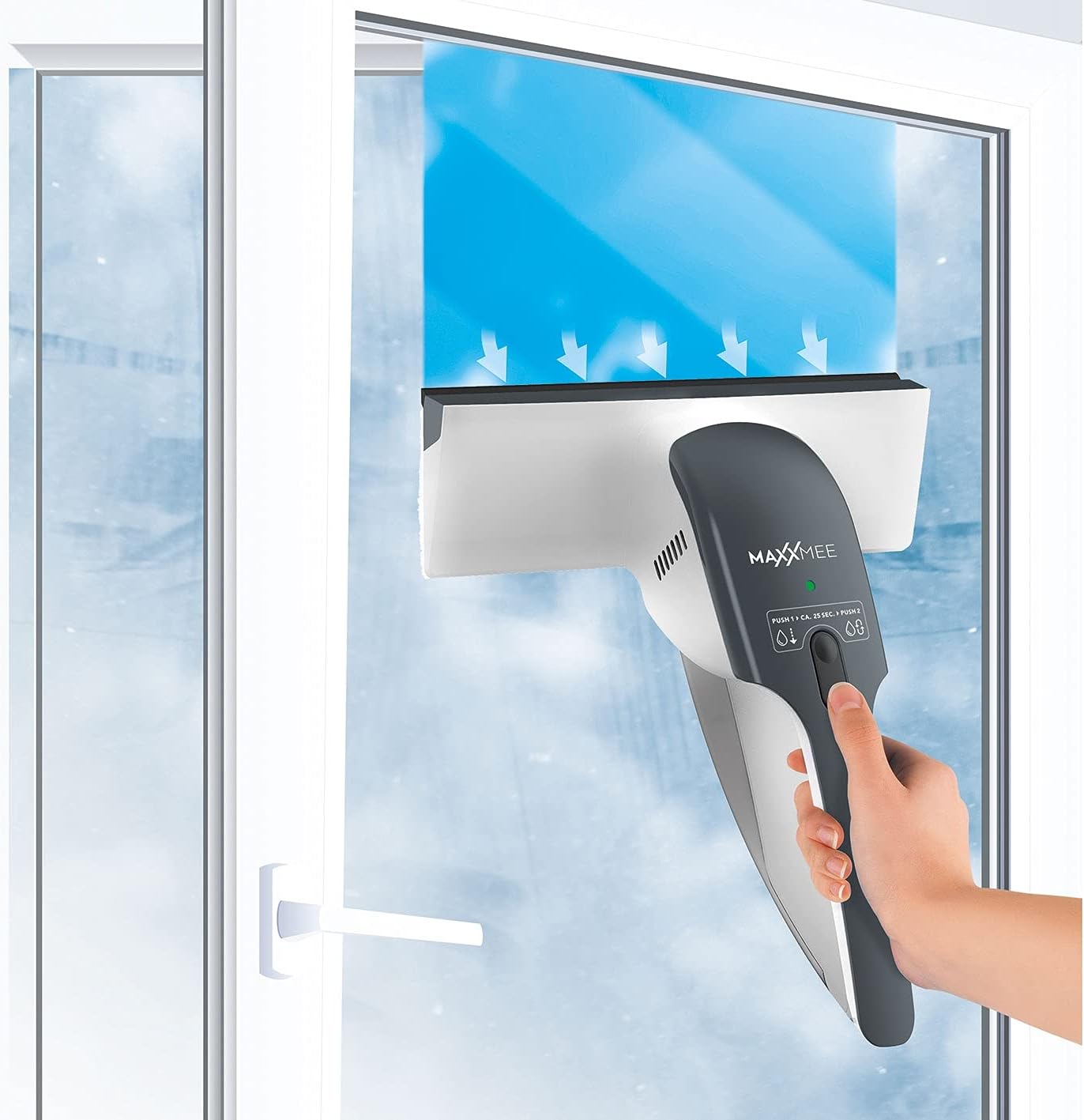 MAXXMEE Akku-Fenster-Waschsauger mit Mikrofasertuch | Saugen und wischen in einem Arbeitsschritt | Inkl. Schnellbefeuchtungsfunktion | Entnehmbarer Wassertank (90 ml) — Ansicht 3