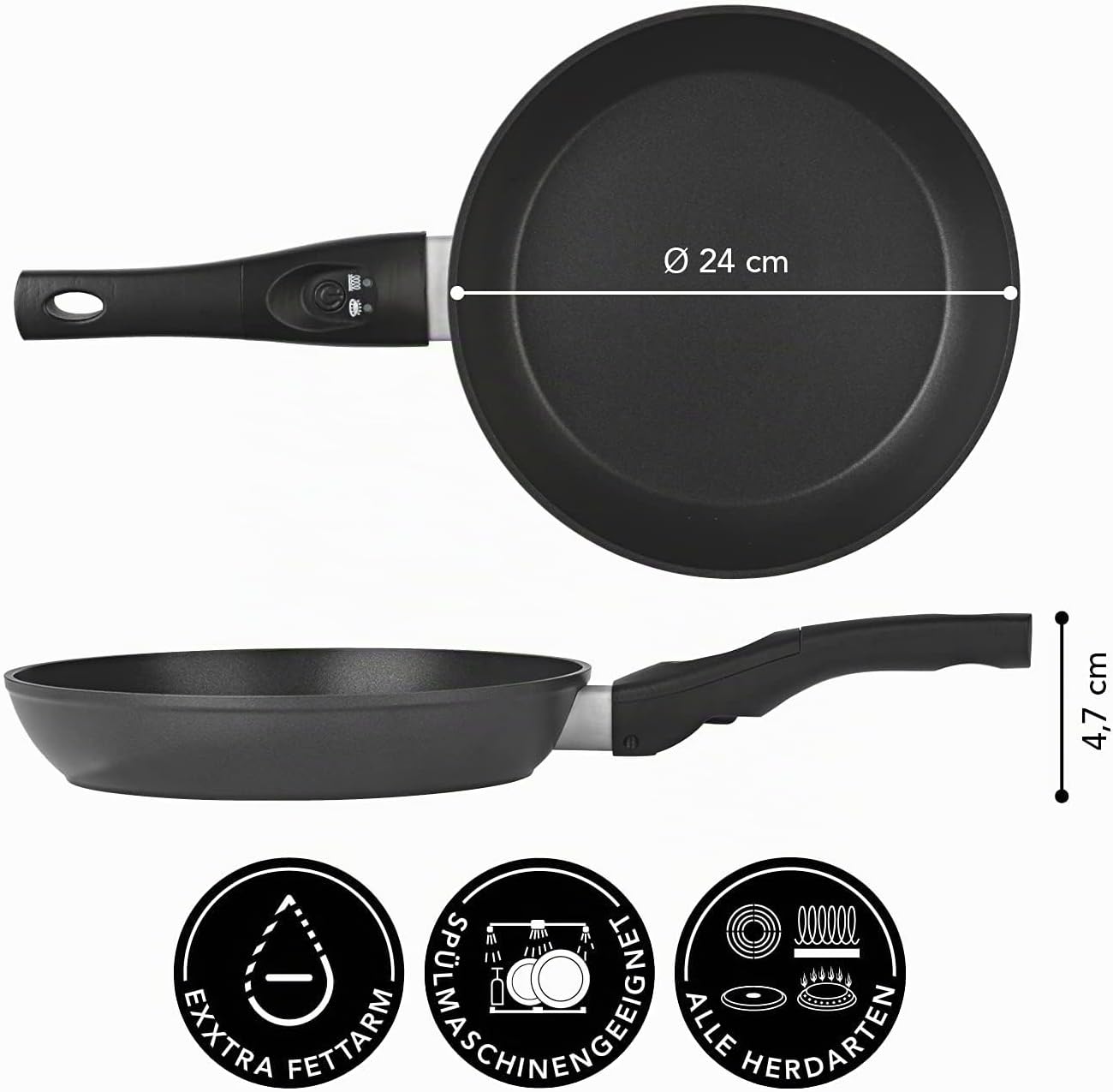 MAXXMEE Aluminium-Pfanne mit LED-Anzeige und Signalton 24cm | Hoher Rand und Cool-Touch-Griff | Für alle Herdarten geeignet, auch Induktion. | Bratpfanne besitzt 2-fache Antihaftbeschichtung [schwarz] — Ansicht 6