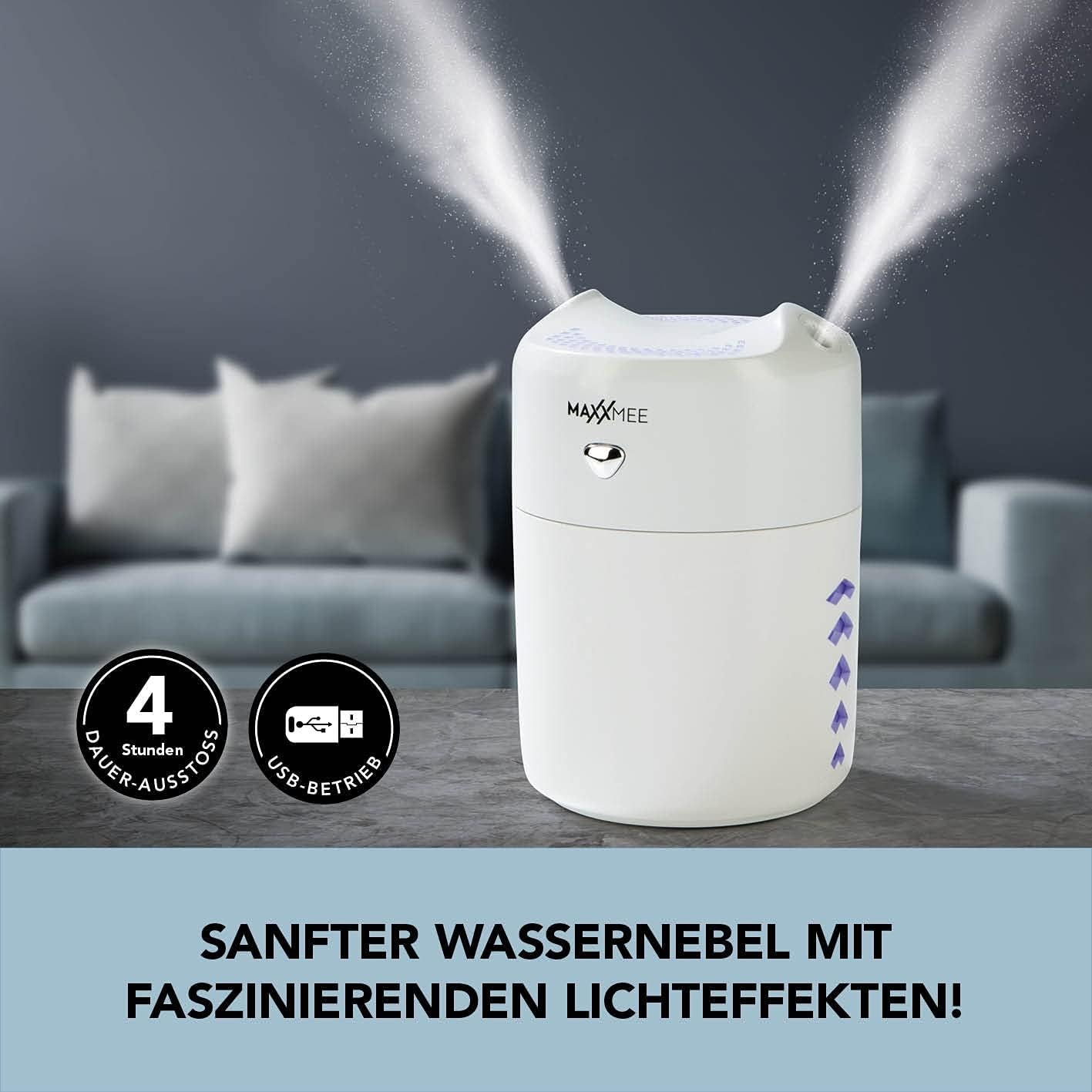 MAXXMEE Diffuser | Mit LED-Farbwechsel und Nachtlicht-Funktion | Feiner Wassernebel auf beiden Seiten des Geräts sanft ausgeströmt | Ca. 4 Stunden Dauer-Ausstoß [ABS, Kieselgel] — Ansicht 2