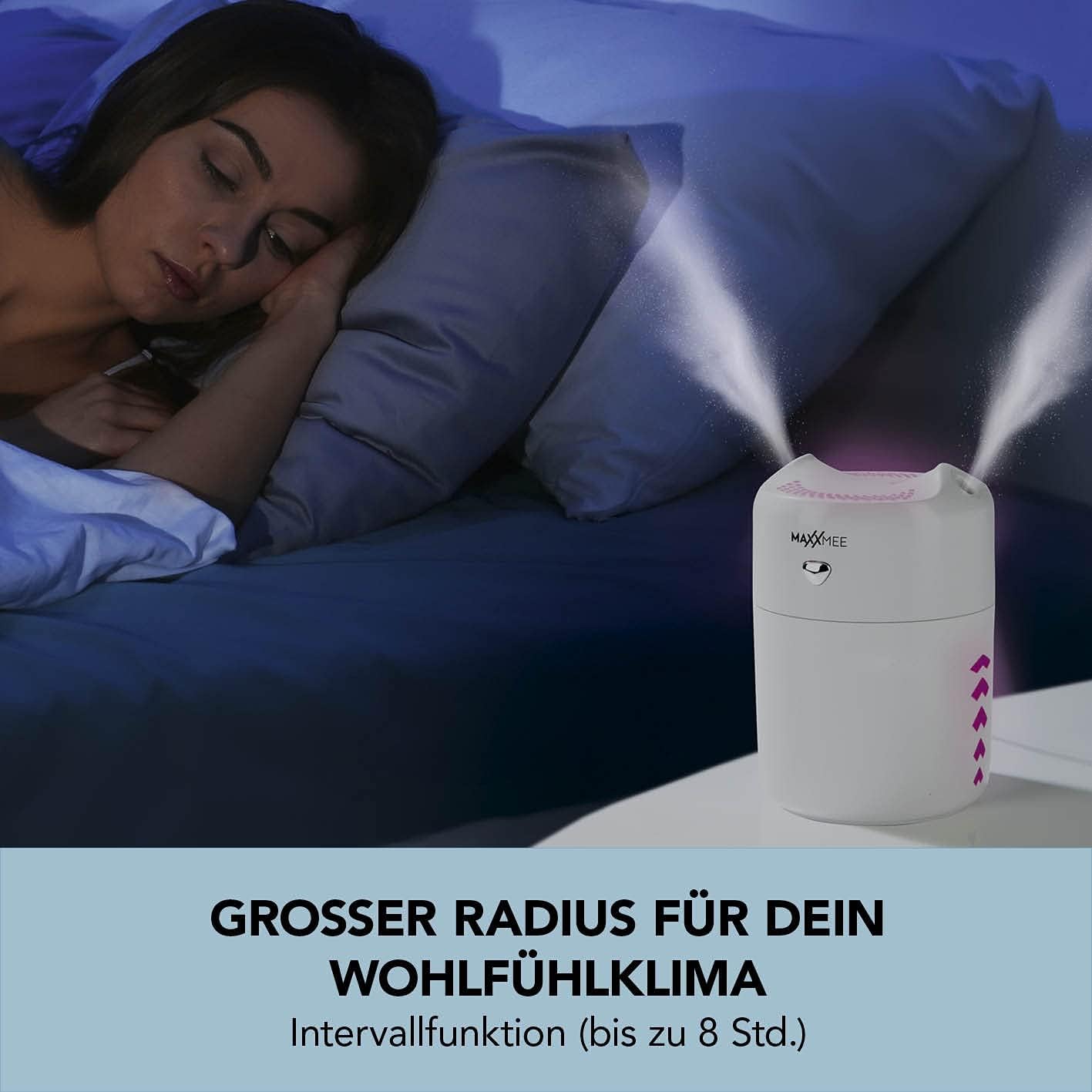 MAXXMEE Diffuser | Mit LED-Farbwechsel und Nachtlicht-Funktion | Feiner Wassernebel auf beiden Seiten des Geräts sanft ausgeströmt | Ca. 4 Stunden Dauer-Ausstoß [ABS, Kieselgel] — Ansicht 3
