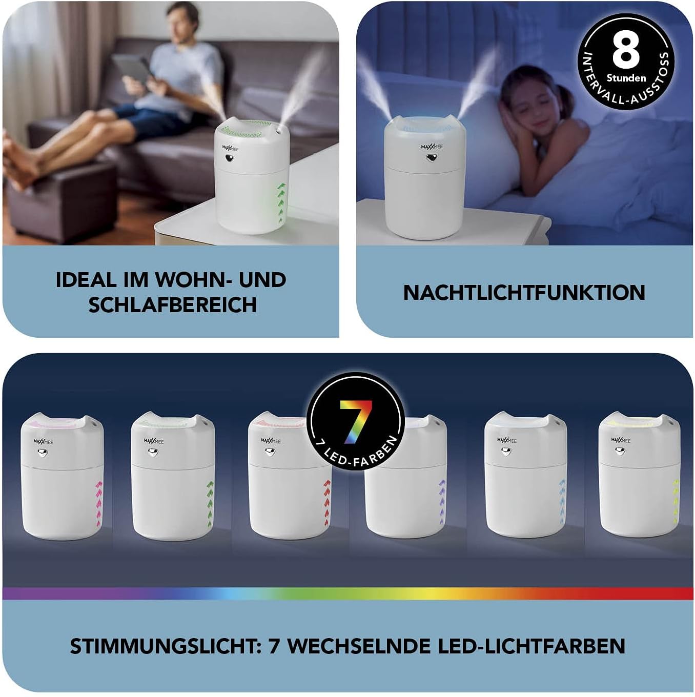 MAXXMEE Diffuser | Mit LED-Farbwechsel und Nachtlicht-Funktion | Feiner Wassernebel auf beiden Seiten des Geräts sanft ausgeströmt | Ca. 4 Stunden Dauer-Ausstoß [ABS, Kieselgel] — Ansicht 4