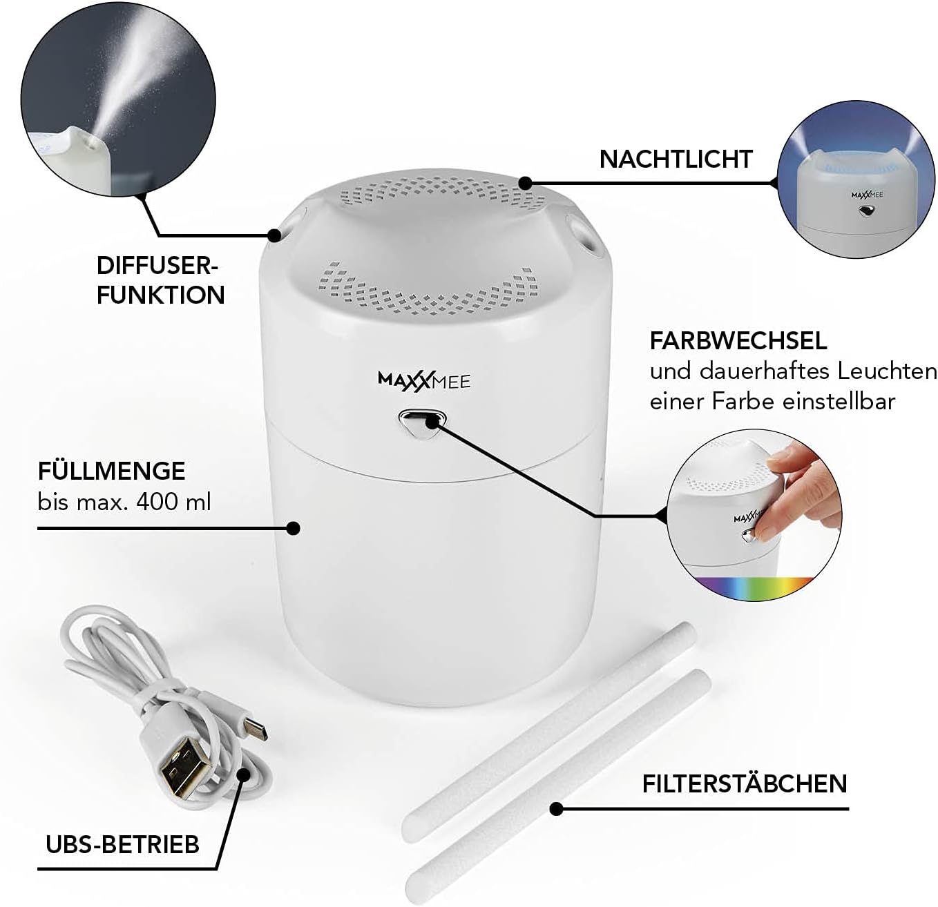 MAXXMEE Diffuser | Mit LED-Farbwechsel und Nachtlicht-Funktion | Feiner Wassernebel auf beiden Seiten des Geräts sanft ausgeströmt | Ca. 4 Stunden Dauer-Ausstoß [ABS, Kieselgel] — Ansicht 5