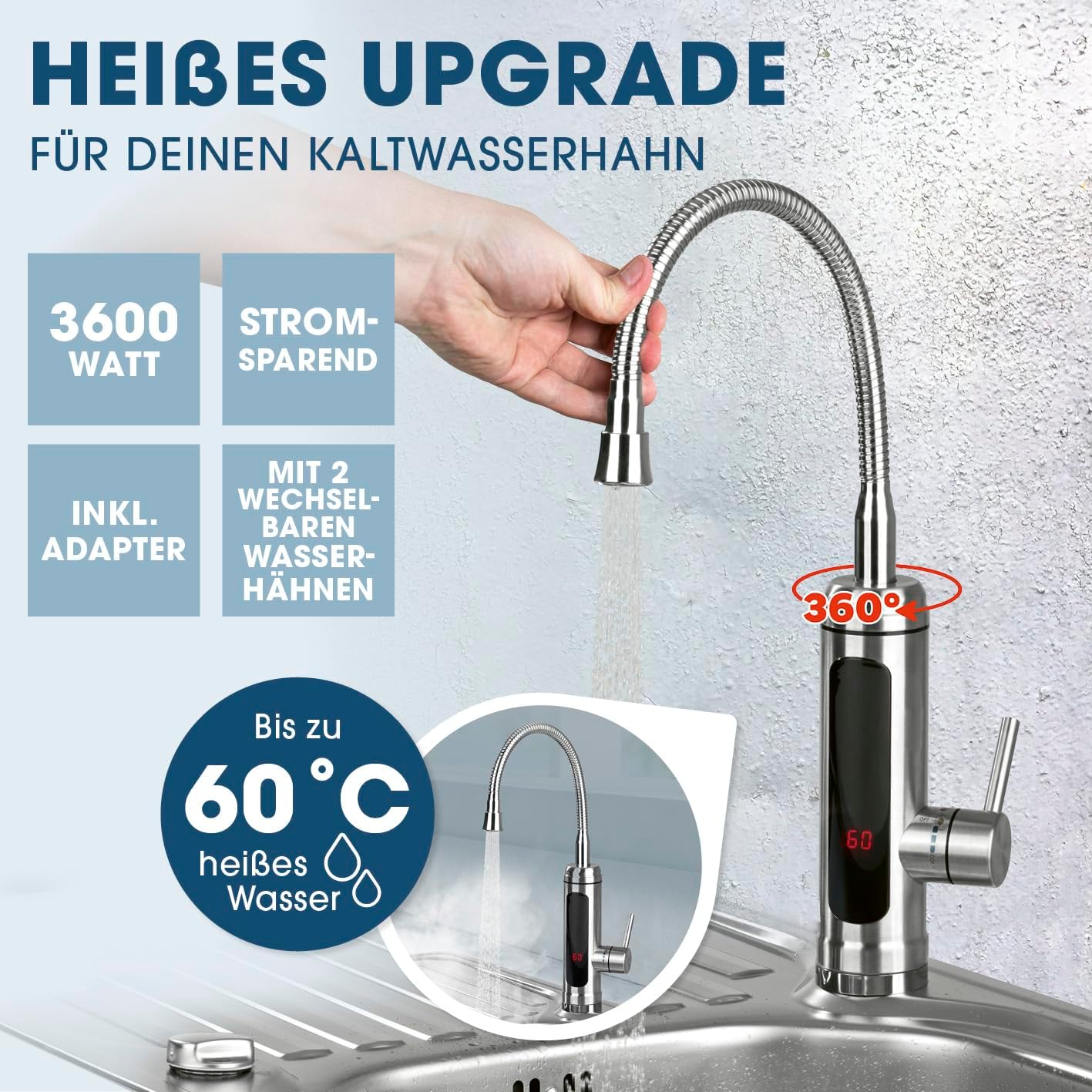 MAXXMEE Elektrische Edelstahl Armatur plus integrierter Durchlauferhitzer | Wasserhahn mit Heizspirale & LED Temperaturanzeige | 2 wechselbare Wasserhähne | über 60 °C warmes Wasser ohne Vorheizen — Ansicht 2