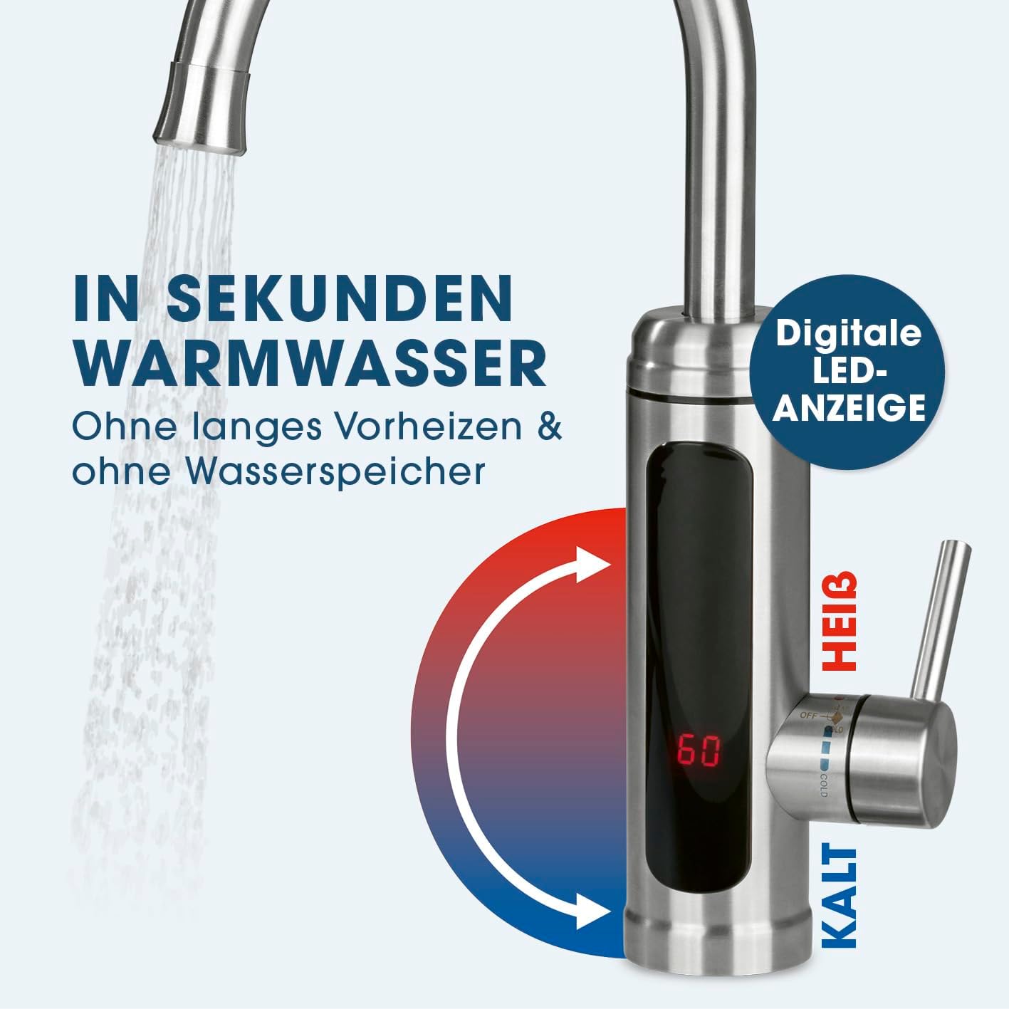 MAXXMEE Elektrische Edelstahl Armatur plus integrierter Durchlauferhitzer | Wasserhahn mit Heizspirale & LED Temperaturanzeige | 2 wechselbare Wasserhähne | über 60 °C warmes Wasser ohne Vorheizen — Ansicht 3