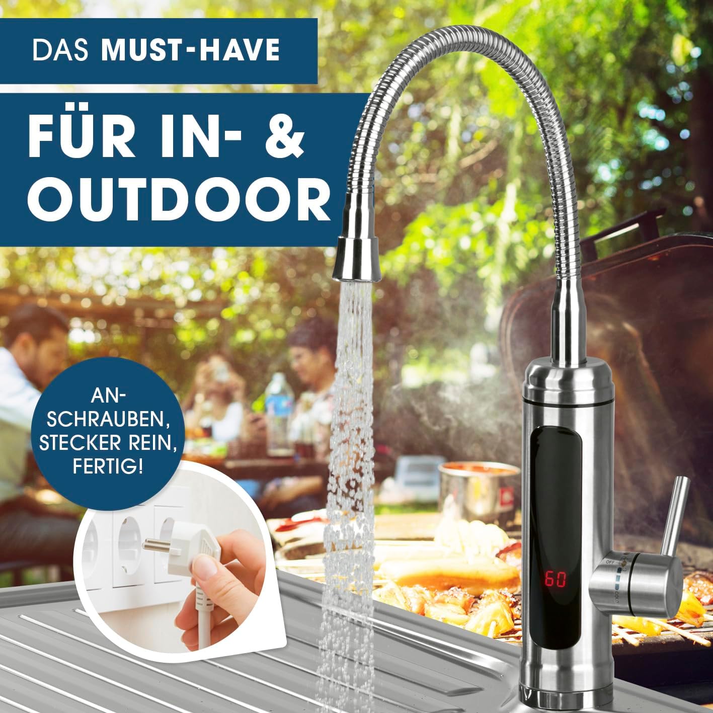 MAXXMEE Elektrische Edelstahl Armatur plus integrierter Durchlauferhitzer | Wasserhahn mit Heizspirale & LED Temperaturanzeige | 2 wechselbare Wasserhähne | über 60 °C warmes Wasser ohne Vorheizen — Ansicht 6