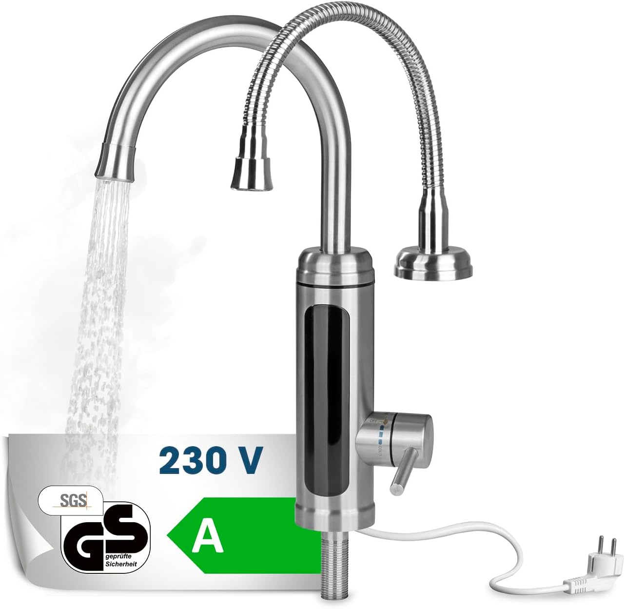 MAXXMEE Elektrische Edelstahl Armatur plus integrierter Durchlauferhitzer | Wasserhahn mit Heizspirale & LED Temperaturanzeige | 2 wechselbare Wasserhähne | über 60 °C warmes Wasser ohne Vorheizen