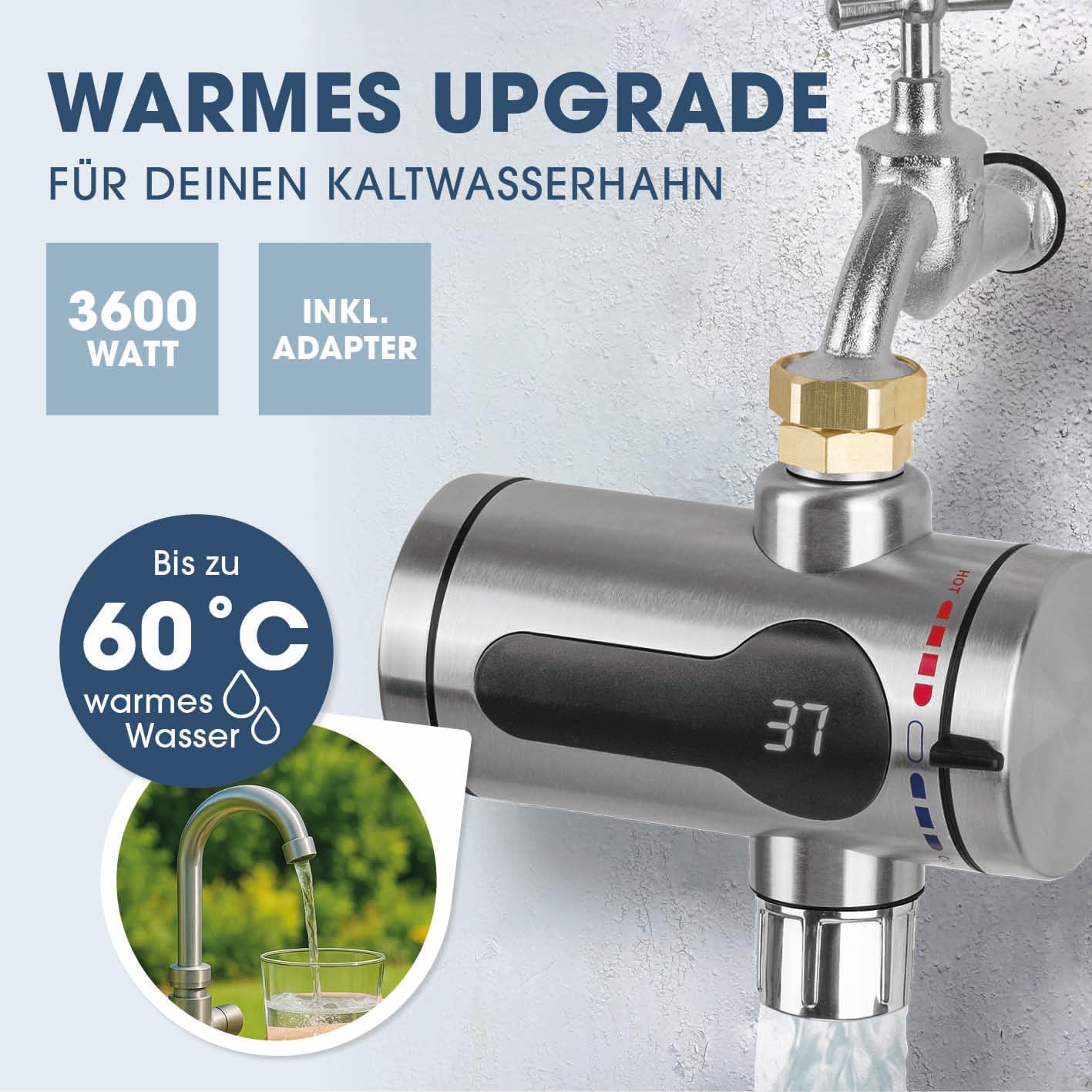 MAXXMEE elektrischer Edelstahl Durchlauferhitzer kompakt | sofort warmes Wasser im Außenbereich | Wasserhahn für Garten, Garage, Outdoor Dusche, Werkstatt, Camping, Wohnwagen u. v. m. | 220–240 V — Ansicht 2