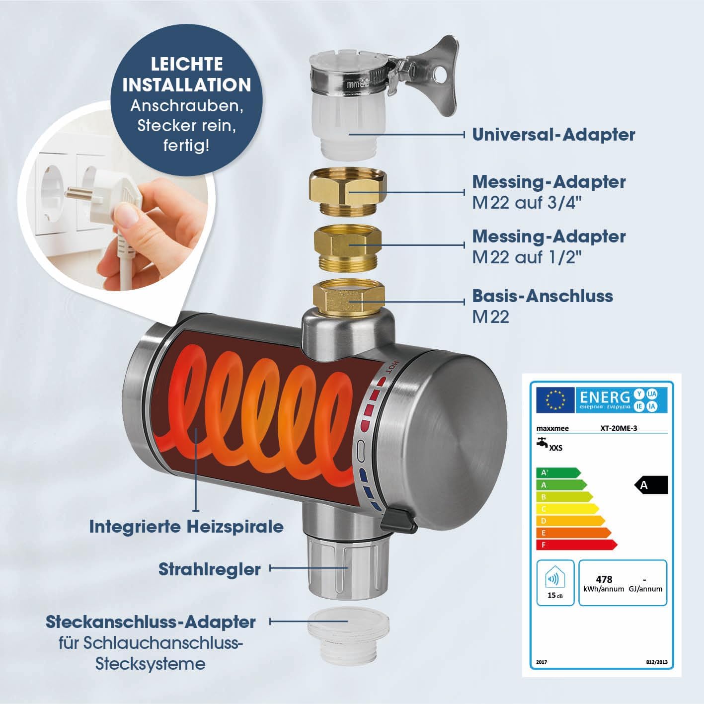 MAXXMEE elektrischer Edelstahl Durchlauferhitzer kompakt | sofort warmes Wasser im Außenbereich | Wasserhahn für Garten, Garage, Outdoor Dusche, Werkstatt, Camping, Wohnwagen u. v. m. | 220–240 V — Ansicht 4