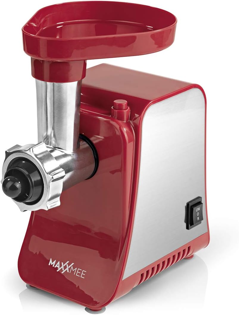 MAXXMEE elektrischer Fleischwolf inkl. Zubehör | Leistungsstarke Wurstmaschine mit robusten Metallgetriebe, mit Rücklauffunktion, Rutschfest | Edelstahl [1300 Watt/Rot] — Ansicht 4