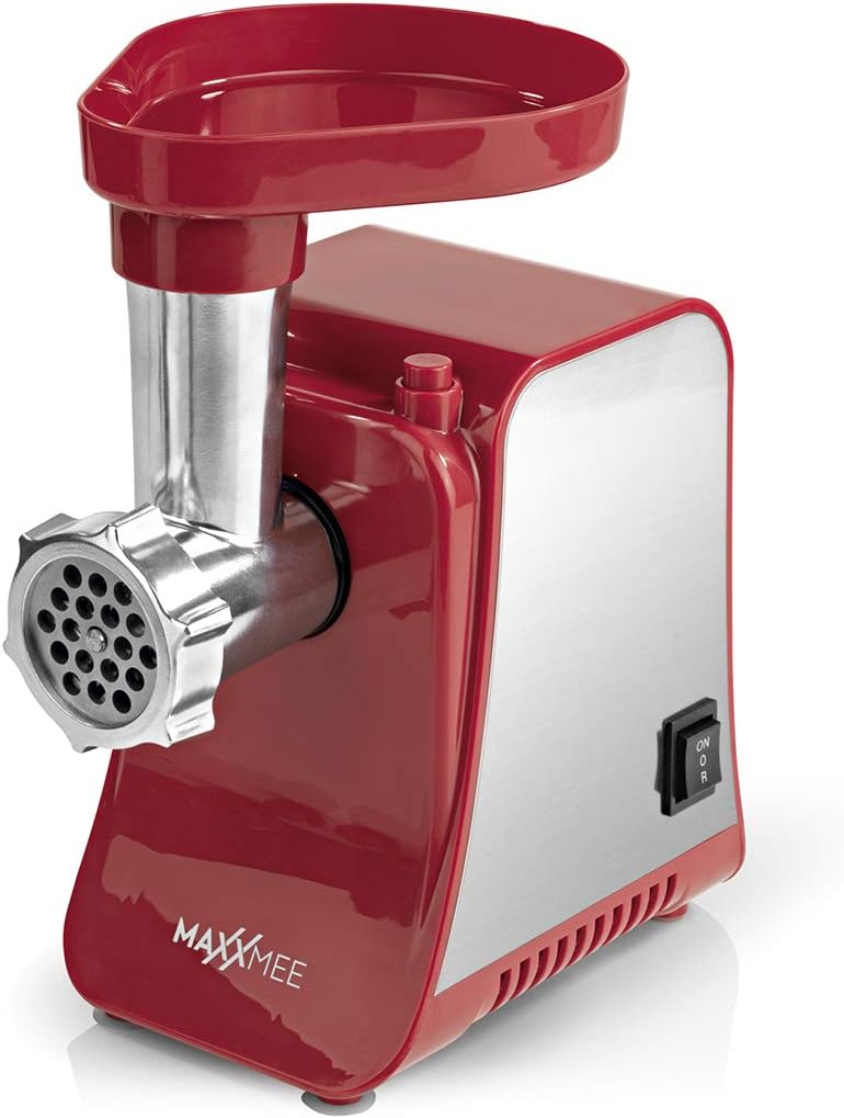 MAXXMEE elektrischer Fleischwolf inkl. Zubehör | Leistungsstarke Wurstmaschine mit robusten Metallgetriebe, mit Rücklauffunktion, Rutschfest | Edelstahl [1300 Watt/Rot]