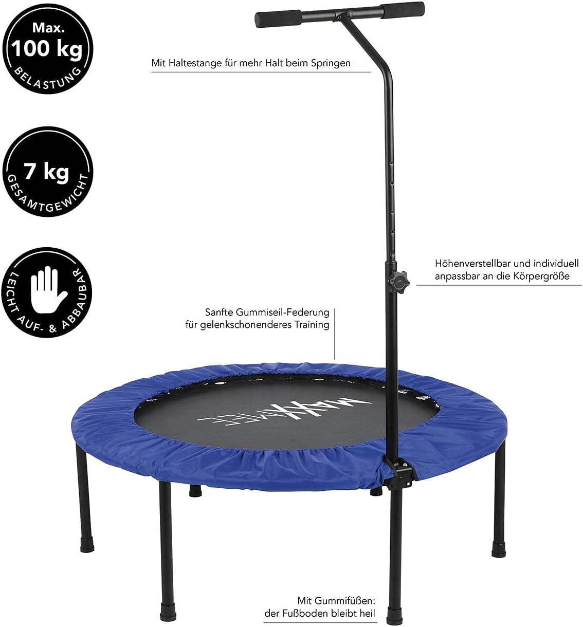 MAXXMEE Fitness Trampolin | Höhenverstellbarer Haltestange | Schnell und Leicht auf- und abbaubar - einfach platzsparend verstauen | Maximale Belastbarkeit ca. 100 kg [blau/schwarz] | MAXXMEE Fitnessgerät höhenverstellbar und platzsparend für Heimtraining, Ausdauer, Balance und gelenkschonende Bewegung — Ansicht 5