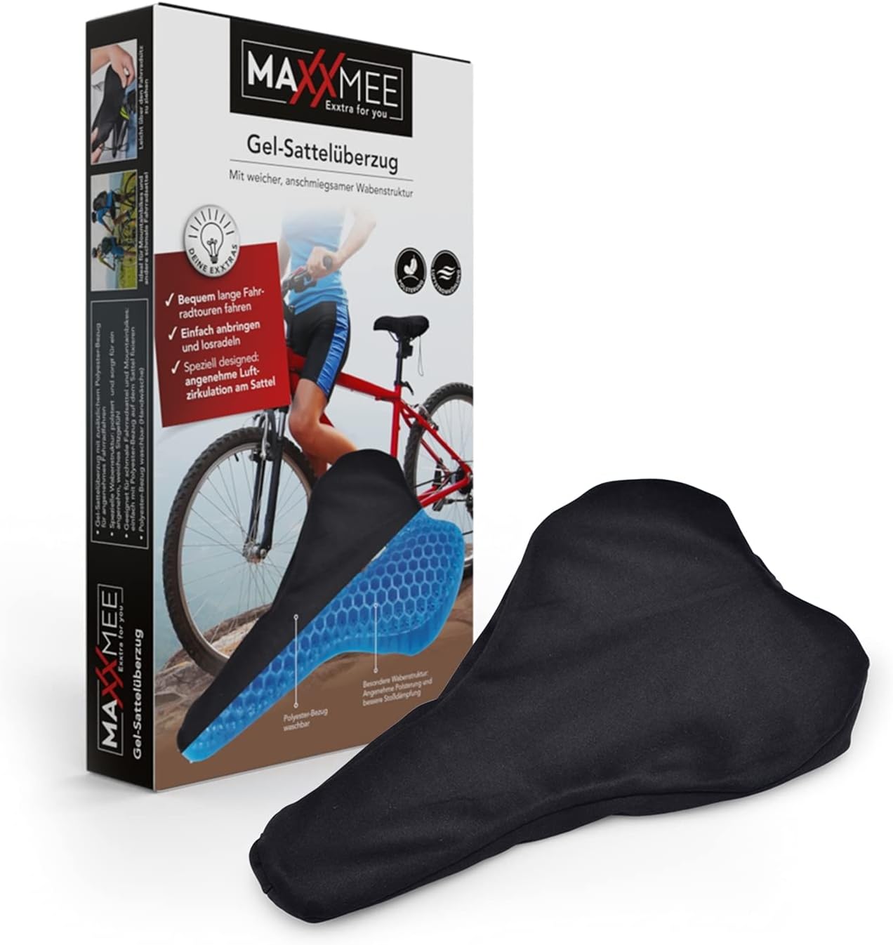 MAXXMEE Gel-Fahrradsitz-Überzug mit Wabenstruktur | Sattelüberzug für angenehmes Fahrradfahren | Geeignet für Normale Fahrräder und Mountainbikes [Schwarz] — Ansicht 6