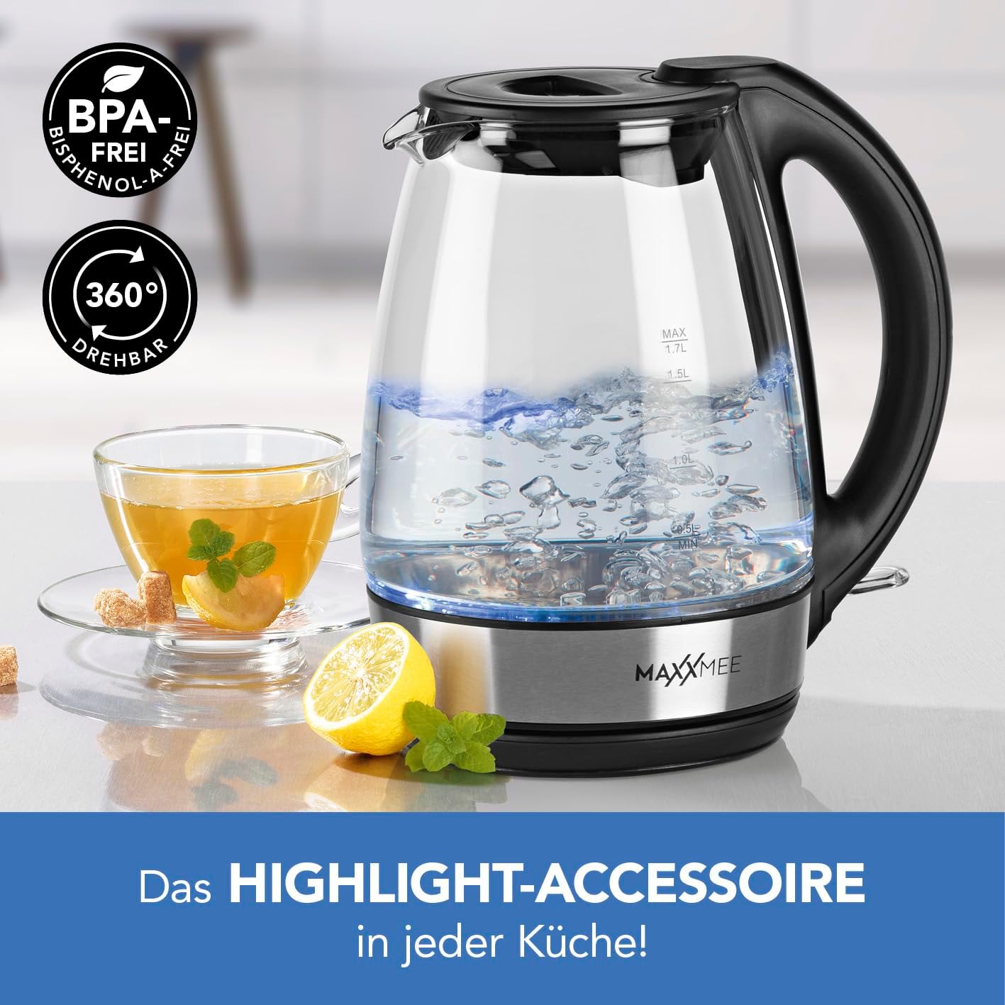 MAXXMEE Glas- Wasserkocher | Schnelles Erhitzen | Stilvolles Design | Mit cooler LED-Beleuchtung | 1,7 l Füllmenge | Leichte Handhabung | Das Highlight für jede Küche [Edelstahl-Schwarz] — Ansicht 2