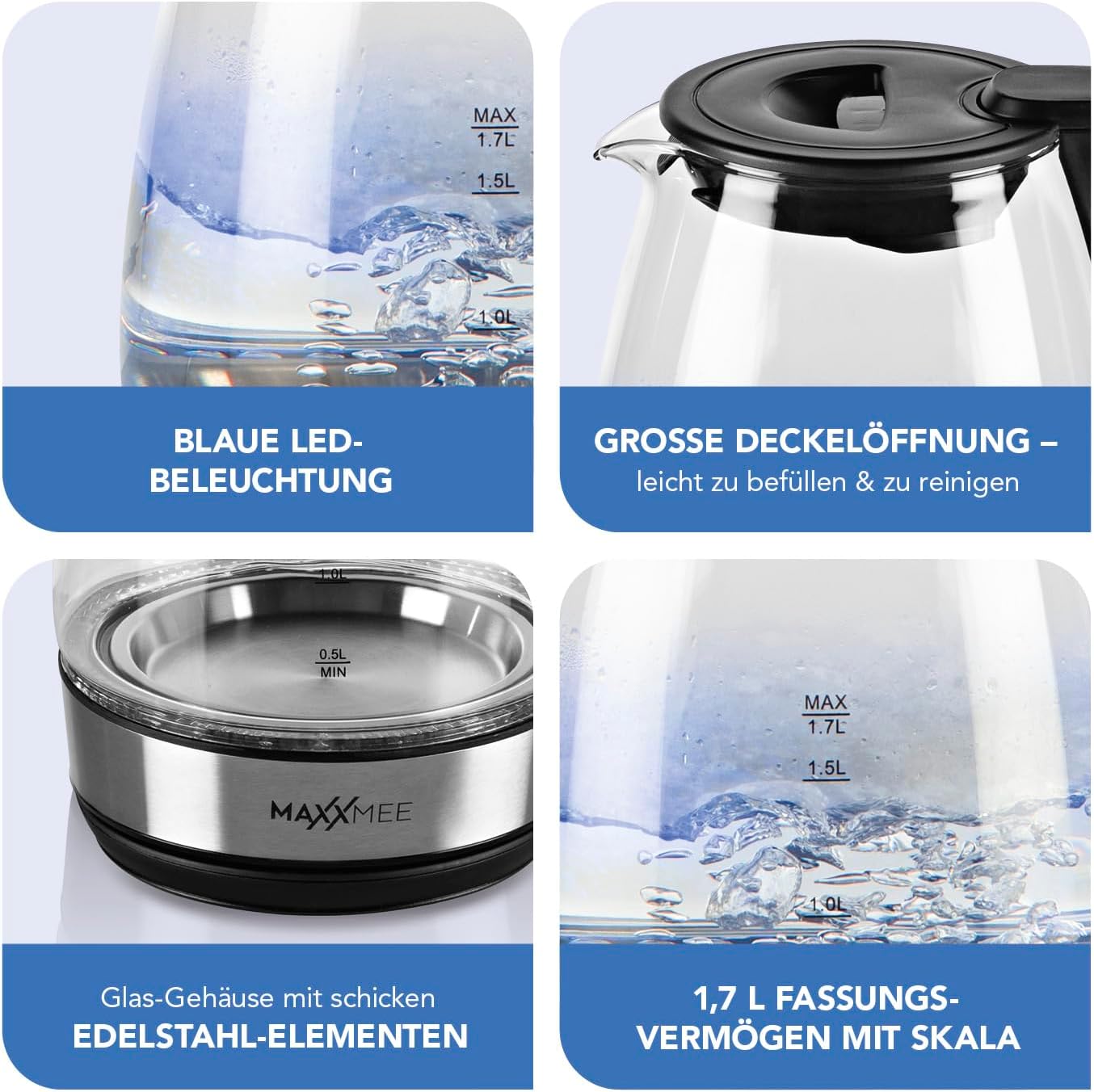 MAXXMEE Glas- Wasserkocher | Schnelles Erhitzen | Stilvolles Design | Mit cooler LED-Beleuchtung | 1,7 l Füllmenge | Leichte Handhabung | Das Highlight für jede Küche [Edelstahl-Schwarz] — Ansicht 3