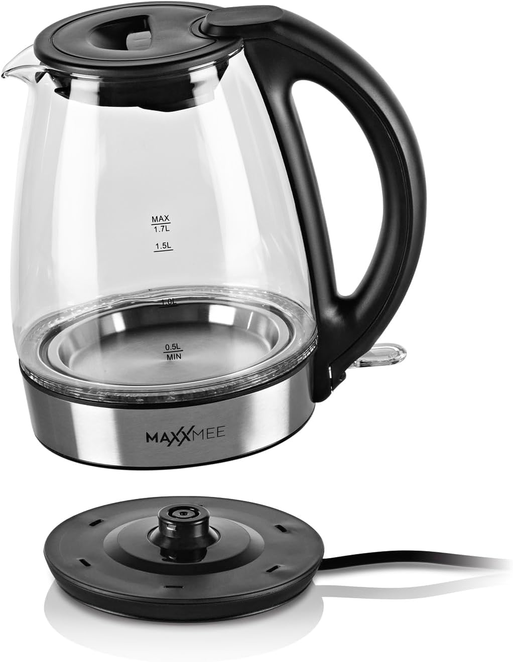 MAXXMEE Glas- Wasserkocher | Schnelles Erhitzen | Stilvolles Design | Mit cooler LED-Beleuchtung | 1,7 l Füllmenge | Leichte Handhabung | Das Highlight für jede Küche [Edelstahl-Schwarz] — Ansicht 4