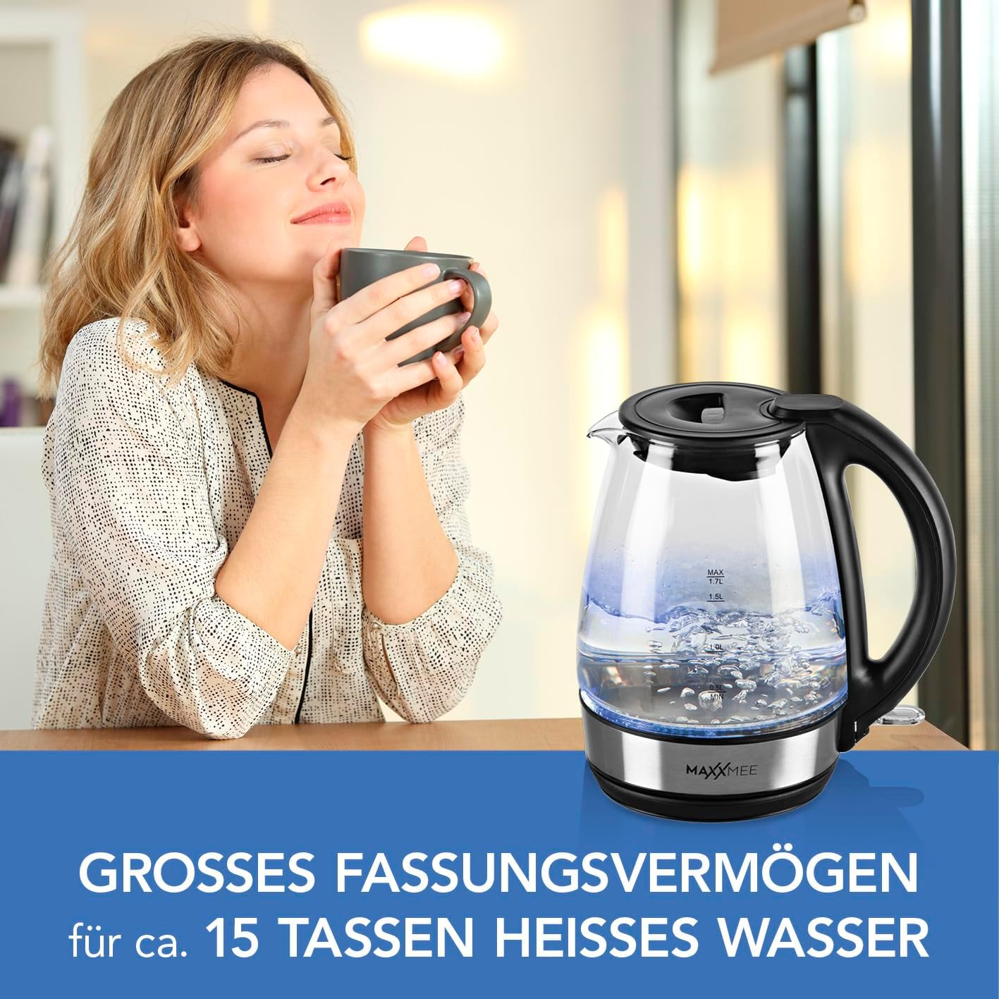 MAXXMEE Glas- Wasserkocher | Schnelles Erhitzen | Stilvolles Design | Mit cooler LED-Beleuchtung | 1,7 l Füllmenge | Leichte Handhabung | Das Highlight für jede Küche [Edelstahl-Schwarz] — Ansicht 5