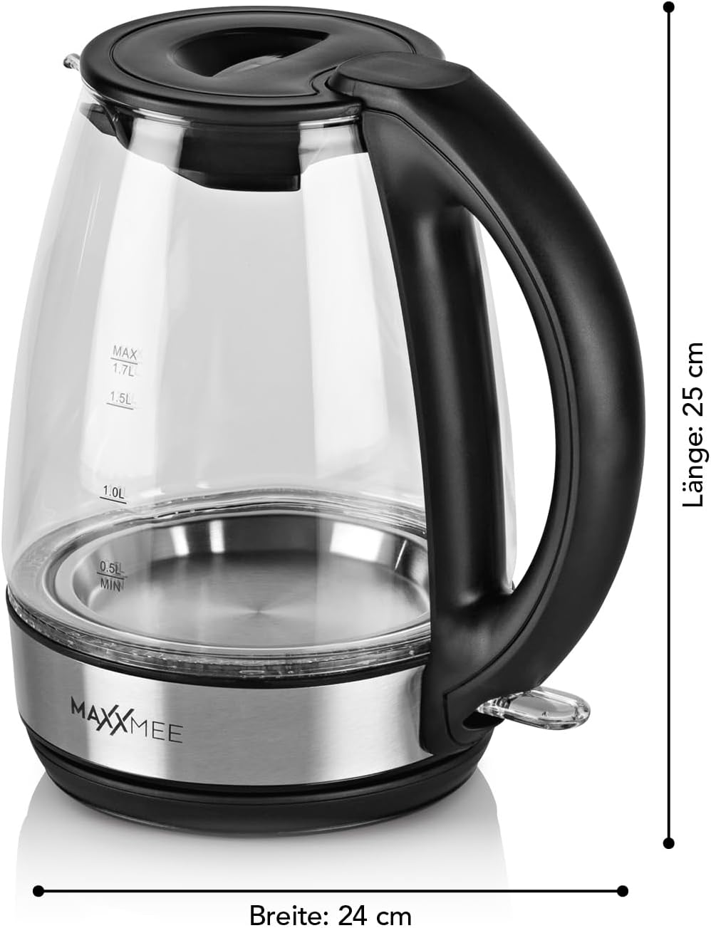 MAXXMEE Glas- Wasserkocher | Schnelles Erhitzen | Stilvolles Design | Mit cooler LED-Beleuchtung | 1,7 l Füllmenge | Leichte Handhabung | Das Highlight für jede Küche [Edelstahl-Schwarz] — Ansicht 6