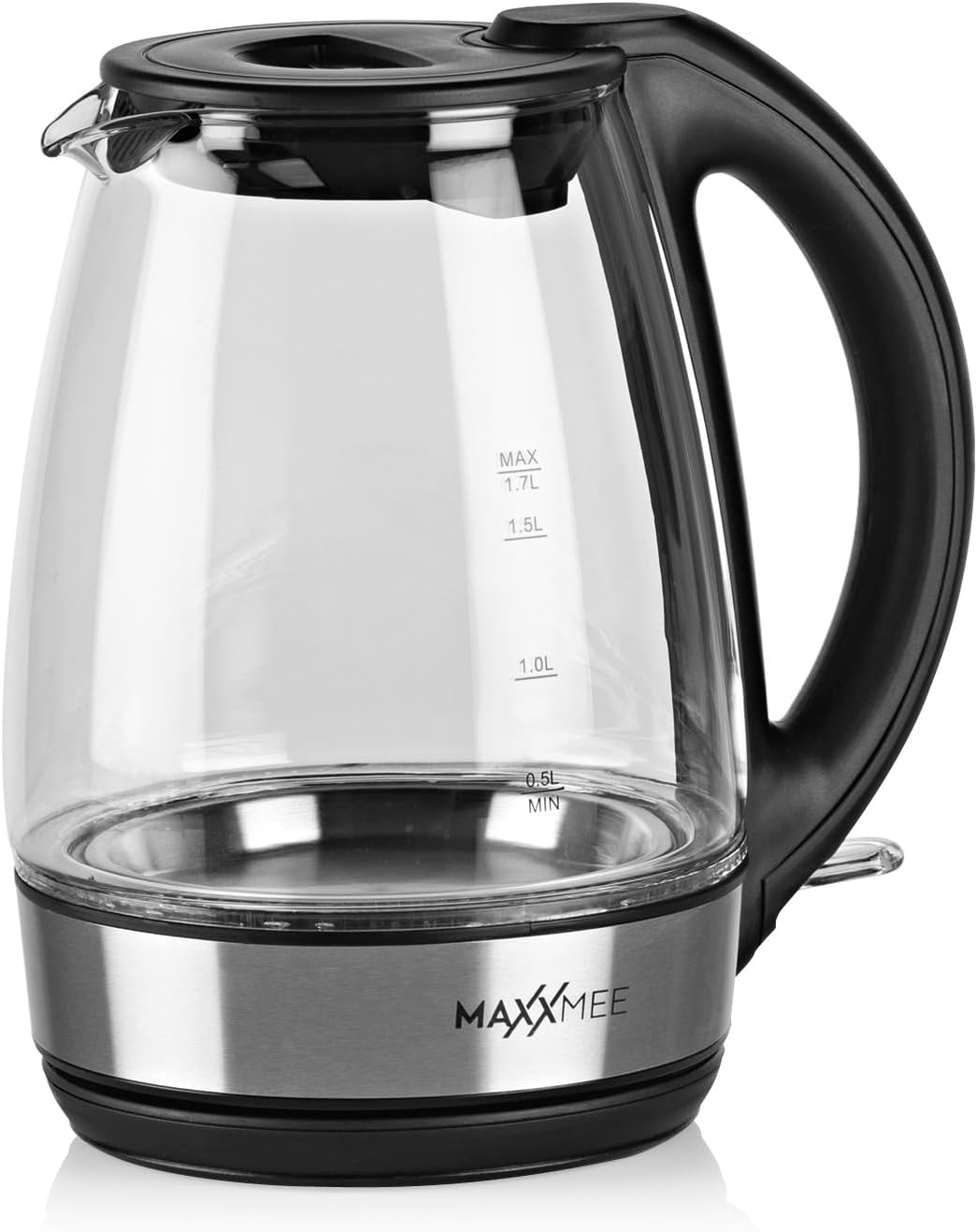 MAXXMEE Glas- Wasserkocher | Schnelles Erhitzen | Stilvolles Design | Mit cooler LED-Beleuchtung | 1,7 l Füllmenge | Leichte Handhabung | Das Highlight für jede Küche [Edelstahl-Schwarz]