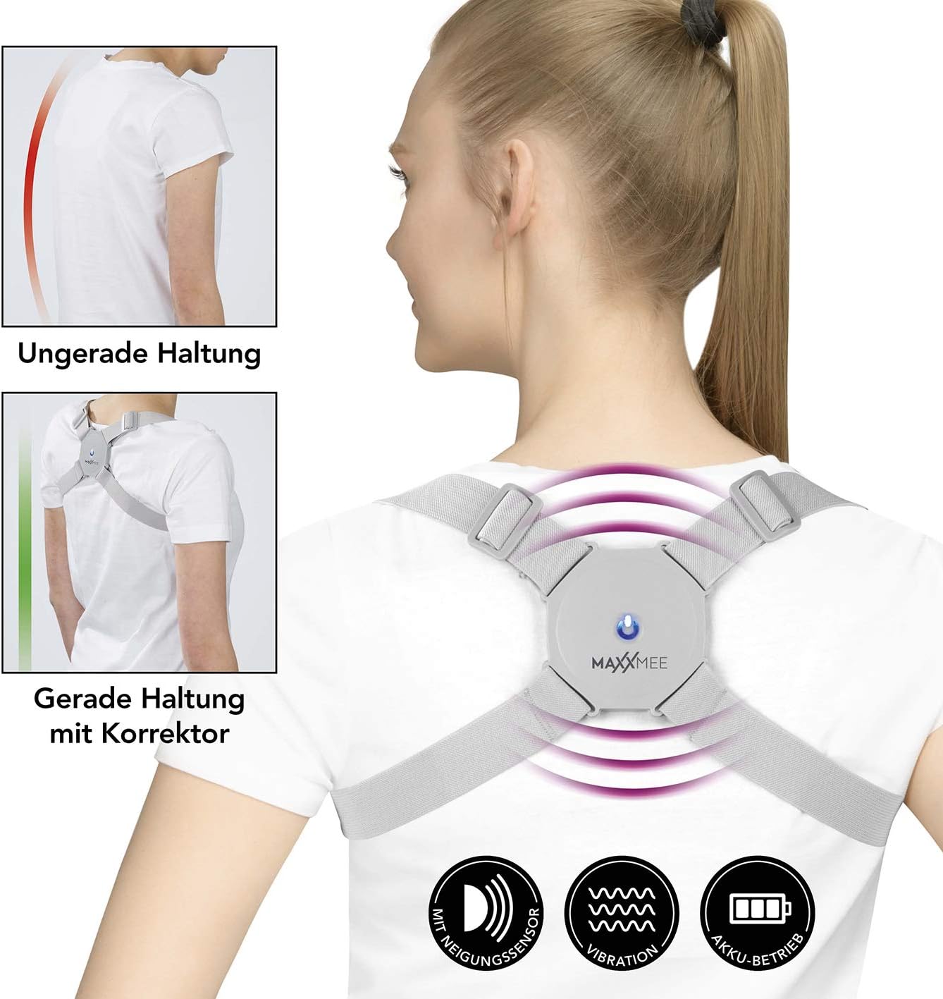 MAXXMEE Haltungskorrektor | für einen geraden Rücken und mehr Stabilität, Mit vibrierendem Winkel-Neigungssensor bei schlechter Haltung | 5V [hellgrau] — Ansicht 2