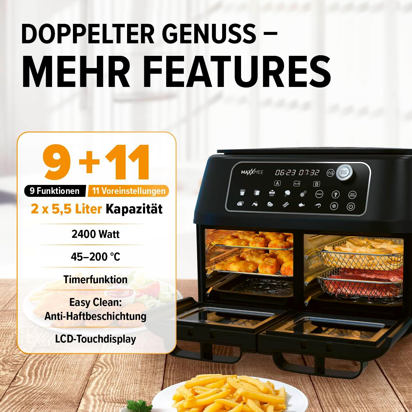 MAXXMEE Heißluft-Fritteuse Doppelkammer 11 Liter | Clevere Kombination aus Heißluftofen, Grill & Fritteuse mit 2 XXL-Frittierfächern mit je 5,5 Litern | Digitales Bedienfeld und Sichtfenster — Ansicht 2