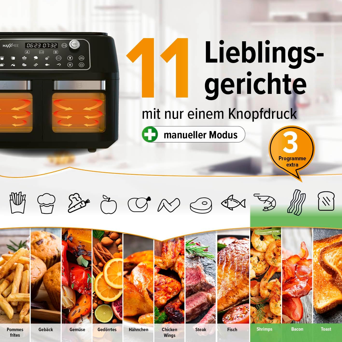 MAXXMEE Heißluft-Fritteuse Doppelkammer 11 Liter | Clevere Kombination aus Heißluftofen, Grill & Fritteuse mit 2 XXL-Frittierfächern mit je 5,5 Litern | Digitales Bedienfeld und Sichtfenster — Ansicht 3