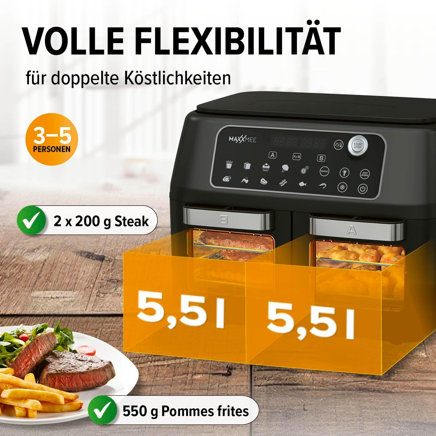 MAXXMEE Heißluft-Fritteuse Doppelkammer 11 Liter | Clevere Kombination aus Heißluftofen, Grill & Fritteuse mit 2 XXL-Frittierfächern mit je 5,5 Litern | Digitales Bedienfeld und Sichtfenster — Ansicht 4