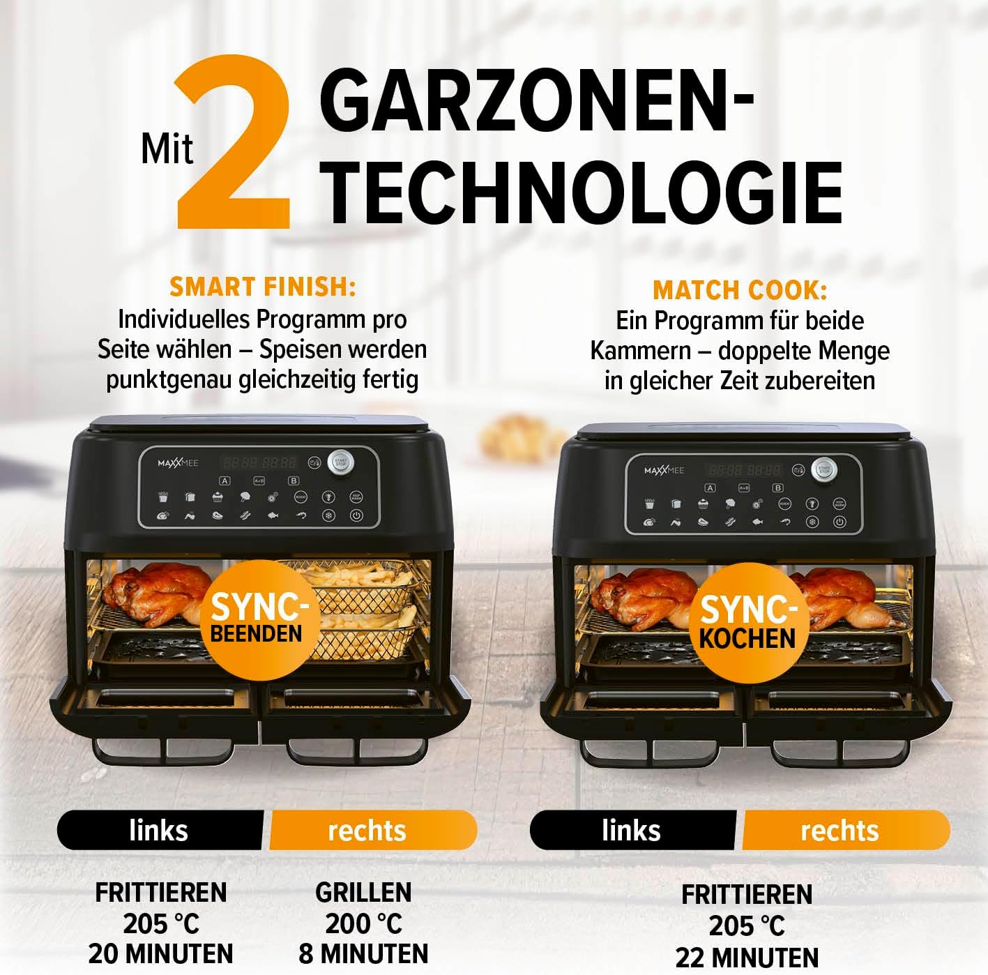 MAXXMEE Heißluft-Fritteuse Doppelkammer 11 Liter | Clevere Kombination aus Heißluftofen, Grill & Fritteuse mit 2 XXL-Frittierfächern mit je 5,5 Litern | Digitales Bedienfeld und Sichtfenster — Ansicht 5