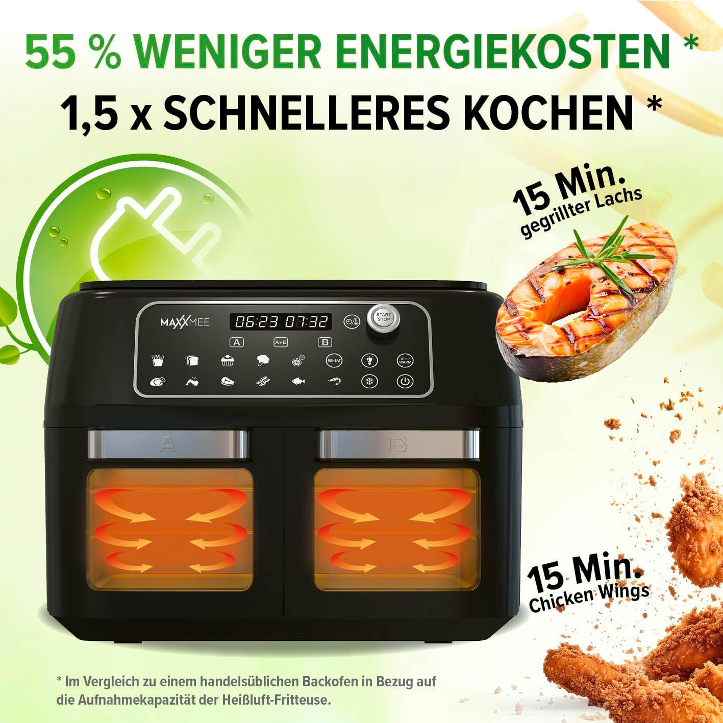 MAXXMEE Heißluft-Fritteuse Doppelkammer 11 Liter | Clevere Kombination aus Heißluftofen, Grill & Fritteuse mit 2 XXL-Frittierfächern mit je 5,5 Litern | Digitales Bedienfeld und Sichtfenster — Ansicht 6