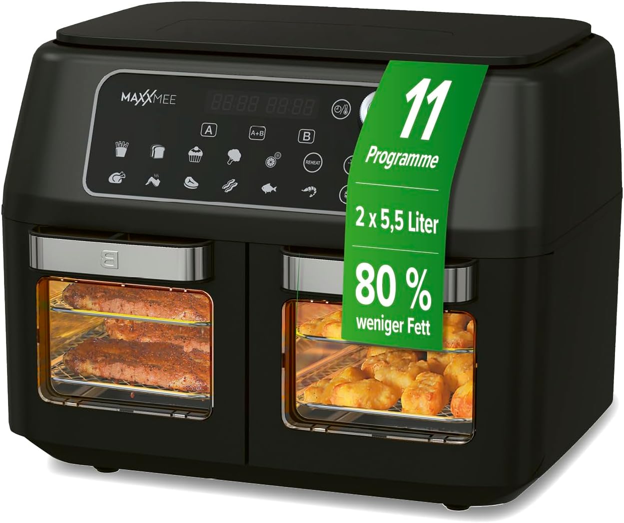 MAXXMEE Heißluft-Fritteuse Doppelkammer 11 Liter | Clevere Kombination aus Heißluftofen, Grill & Fritteuse mit 2 XXL-Frittierfächern mit je 5,5 Litern | Digitales Bedienfeld und Sichtfenster
