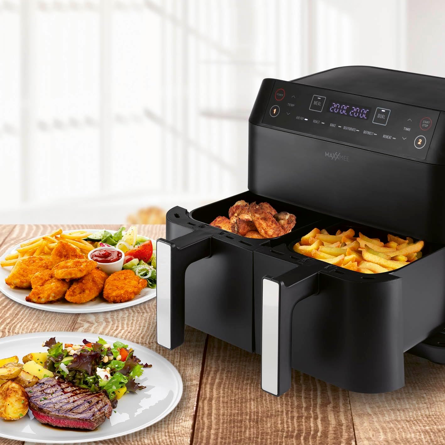 MAXXMEE Heißluft-Fritteuse Doppelkorb 7,6 Liter | Digitale Doppel Heißluftfritteuse mit zwei Kammern 2x 3,8 Liter, zeitgleiches Garen von 2 verschiedenen Mahlzeiten | 6 Programme [2400 Watt] — Ansicht 2