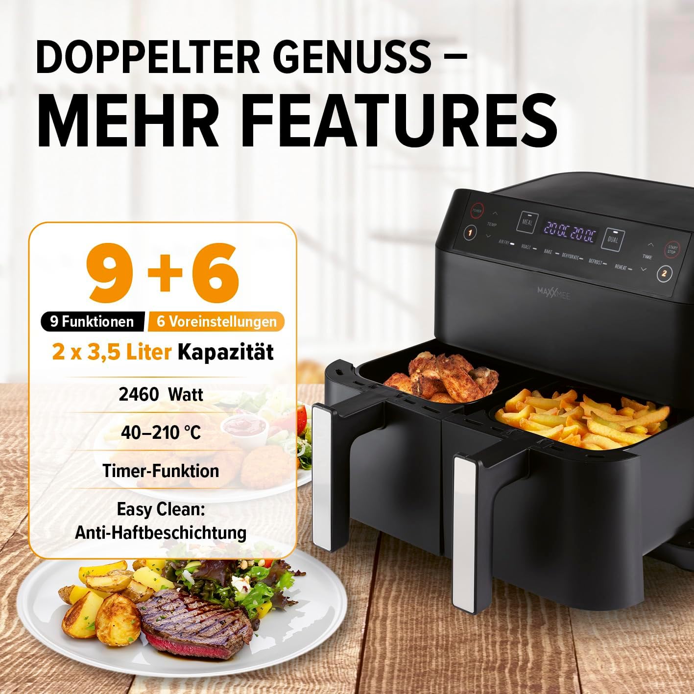 MAXXMEE Heißluft-Fritteuse Doppelkorb 7,6 Liter | Digitale Doppel Heißluftfritteuse mit zwei Kammern 2x 3,8 Liter, zeitgleiches Garen von 2 verschiedenen Mahlzeiten | 6 Programme [2400 Watt] — Ansicht 3