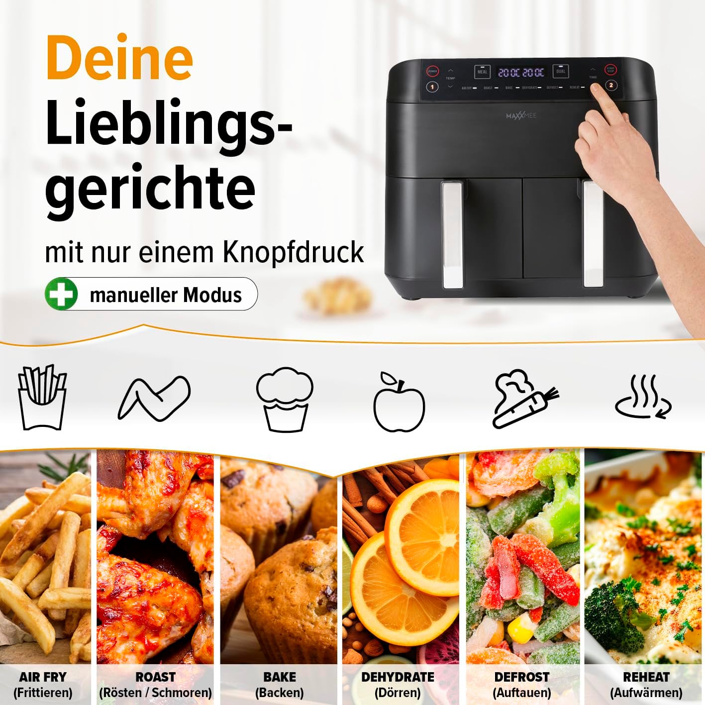 MAXXMEE Heißluft-Fritteuse Doppelkorb 7,6 Liter | Digitale Doppel Heißluftfritteuse mit zwei Kammern 2x 3,8 Liter, zeitgleiches Garen von 2 verschiedenen Mahlzeiten | 6 Programme [2400 Watt] — Ansicht 4
