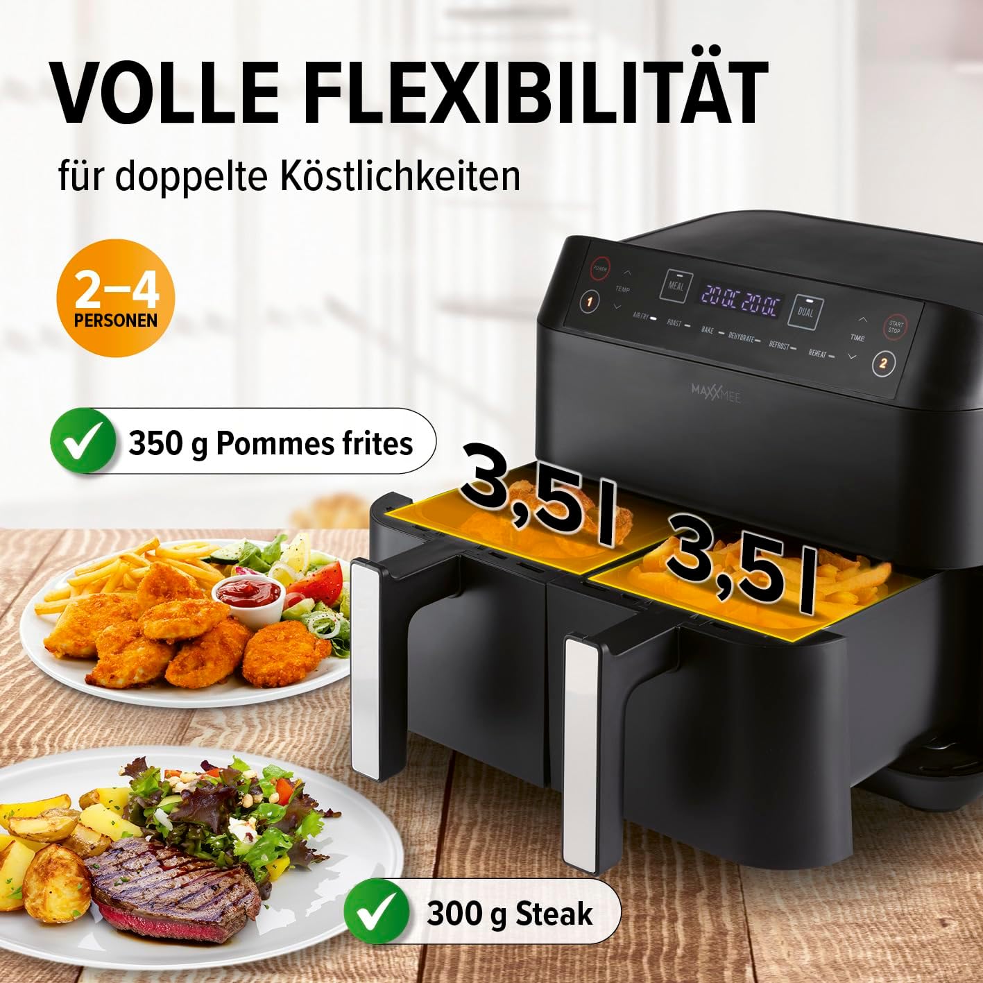 MAXXMEE Heißluft-Fritteuse Doppelkorb 7,6 Liter | Digitale Doppel Heißluftfritteuse mit zwei Kammern 2x 3,8 Liter, zeitgleiches Garen von 2 verschiedenen Mahlzeiten | 6 Programme [2400 Watt] — Ansicht 5