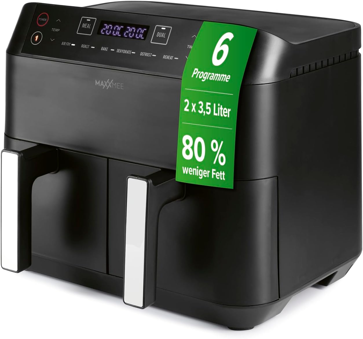 MAXXMEE Heißluft-Fritteuse Doppelkorb 7,6 Liter | Digitale Doppel Heißluftfritteuse mit zwei Kammern 2x 3,8 Liter, zeitgleiches Garen von 2 verschiedenen Mahlzeiten | 6 Programme [2400 Watt]