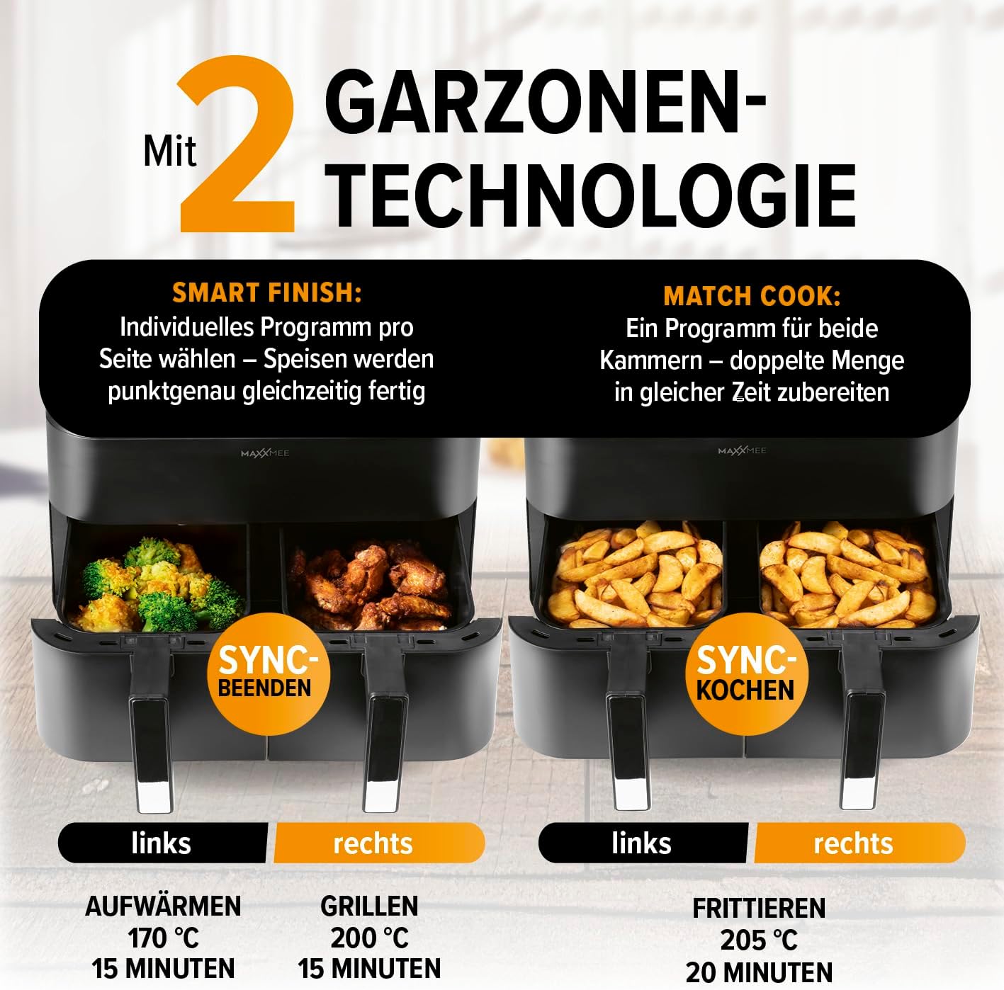 MAXXMEE Heißluft-Fritteuse Doppelkorb 7,6 Liter | Digitale Doppel Heißluftfritteuse mit zwei Kammern 2x 3,8 Liter, zeitgleiches Garen von 2 verschiedenen Mahlzeiten | 6 Programme [2400 Watt] — Ansicht 6