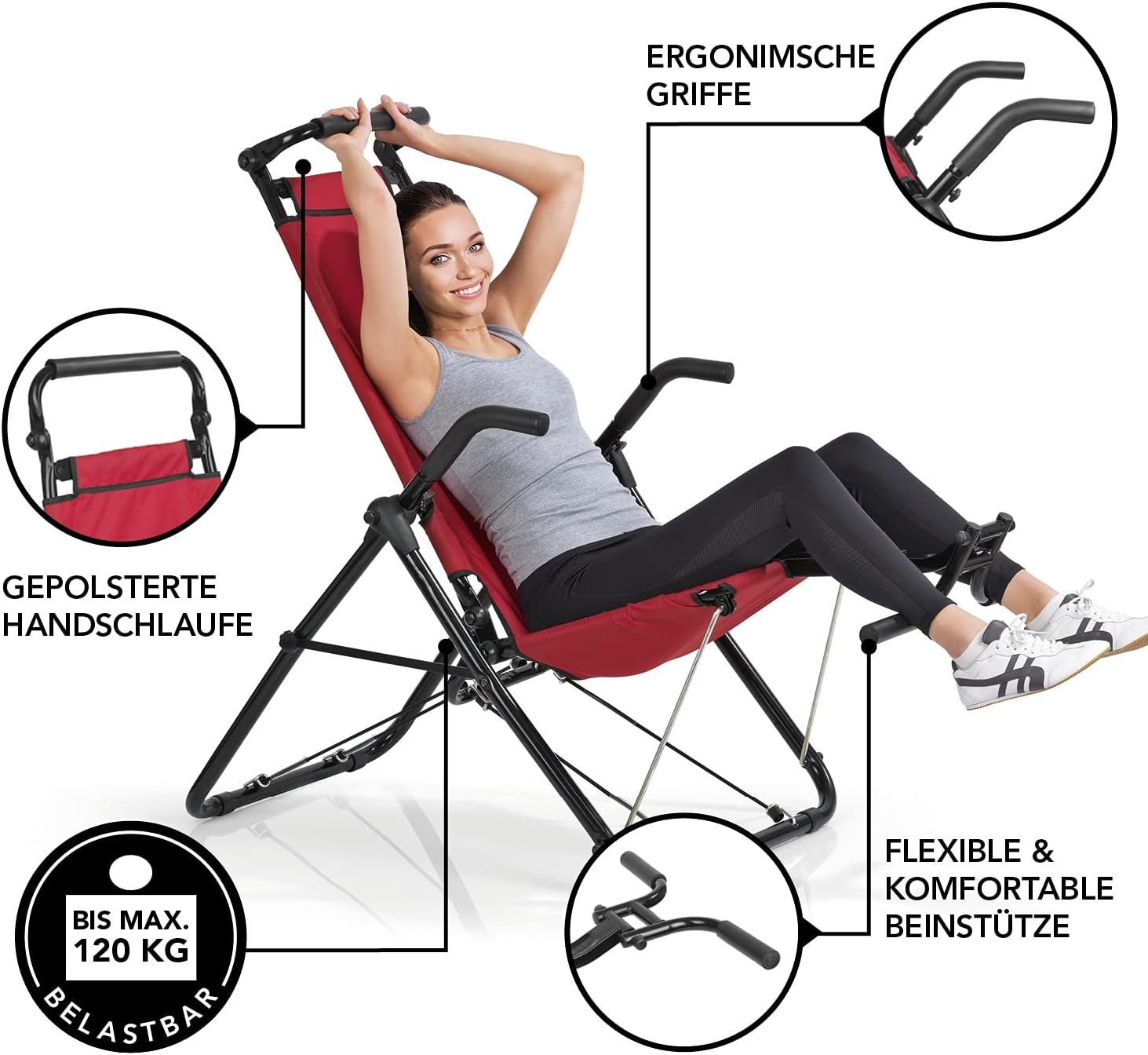 MAXXMEE Inversionstrainer Deluxe | Für jedes Alter, für jeden Fitness-Level | Zur Stärkung der Rücken-, Bauch- und Beinmuskulatur | Bis 120 kg belastbar, Zusammenklappbar [rot/schwarz] — Ansicht 2