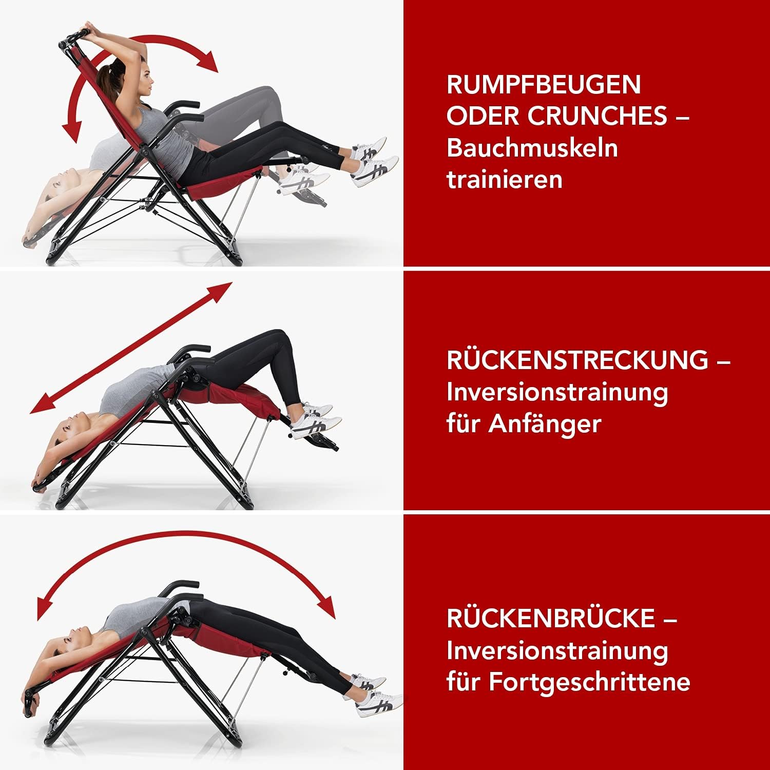 MAXXMEE Inversionstrainer Deluxe | Für jedes Alter, für jeden Fitness-Level | Zur Stärkung der Rücken-, Bauch- und Beinmuskulatur | Bis 120 kg belastbar, Zusammenklappbar [rot/schwarz] — Ansicht 3