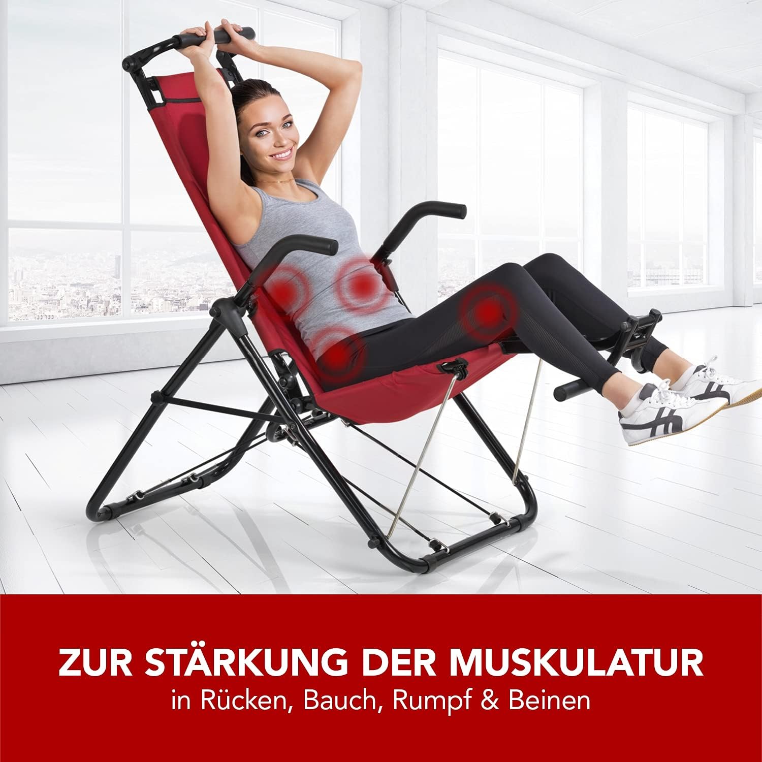 MAXXMEE Inversionstrainer Deluxe | Für jedes Alter, für jeden Fitness-Level | Zur Stärkung der Rücken-, Bauch- und Beinmuskulatur | Bis 120 kg belastbar, Zusammenklappbar [rot/schwarz] — Ansicht 4