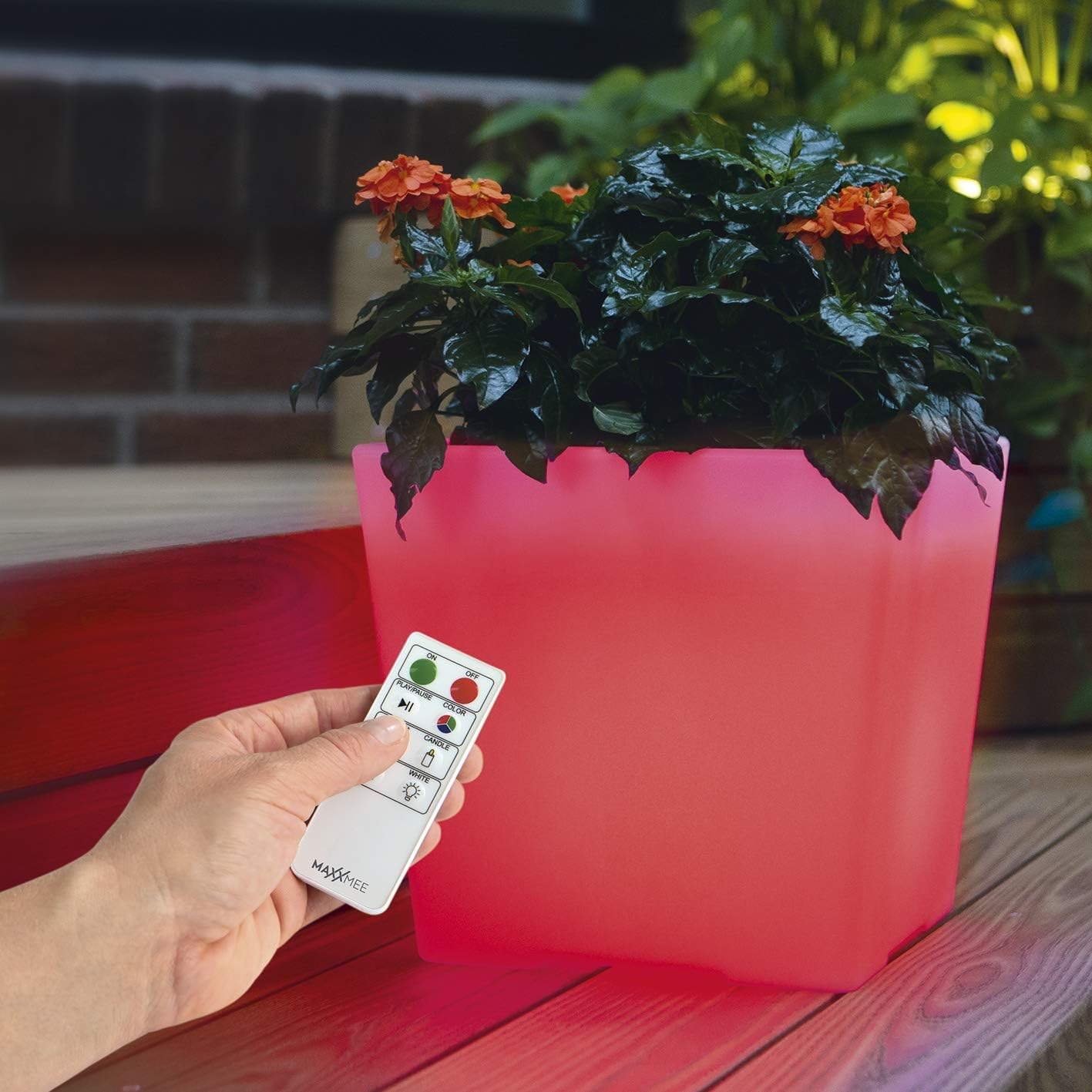 MAXXMEE LED-Blumenkübel | Farbwechsel mit Fernbedienung | Kabelloser Akku-Betrieb | UV-beständig und frostfest [Weiß ] — Ansicht 4