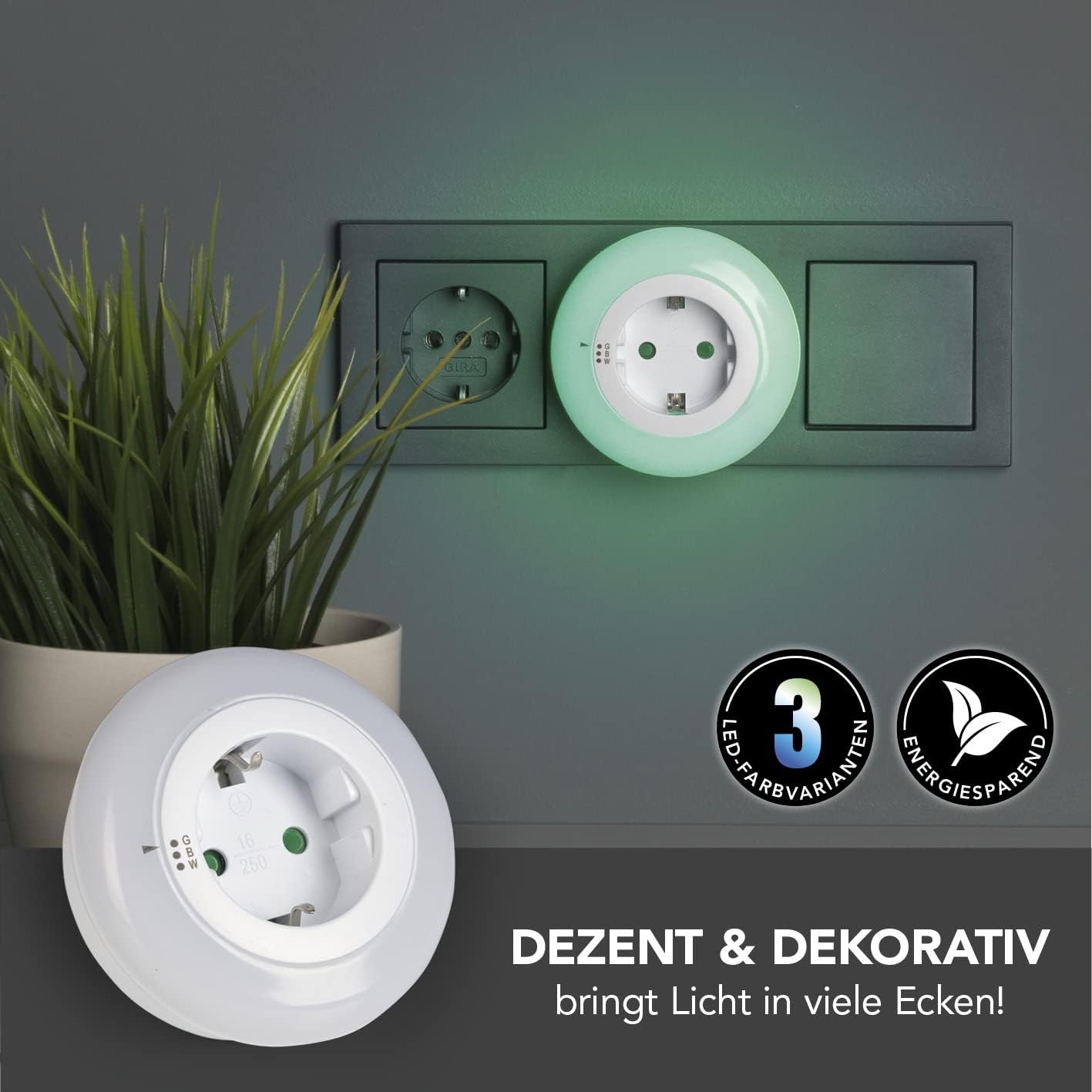 MAXXMEE LED-Steckdosenleuchte Nachtlicht | Mit automatischem Lichtsensor | Wandleuchte wahlweise mit weißem, blauem oder grünem Licht betreibbar | Schalter zur Steuerung der LED-Farben [Weiß] | MAXXMEE, automatisch, Wandleuchte, weiß, blau, grün, energiesparend, Schlafzimmer, Flur, Kinderzimmer, Steckdose — Ansicht 3