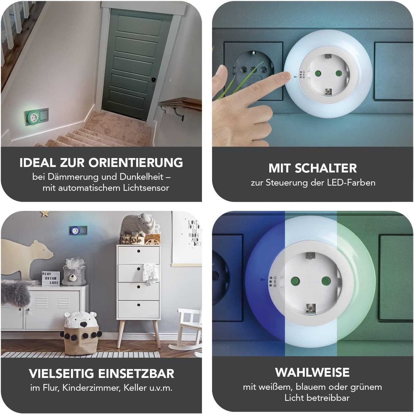 MAXXMEE LED-Steckdosenleuchte Nachtlicht | Mit automatischem Lichtsensor | Wandleuchte wahlweise mit weißem, blauem oder grünem Licht betreibbar | Schalter zur Steuerung der LED-Farben [Weiß] | MAXXMEE, automatisch, Wandleuchte, weiß, blau, grün, energiesparend, Schlafzimmer, Flur, Kinderzimmer, Steckdose — Ansicht 4