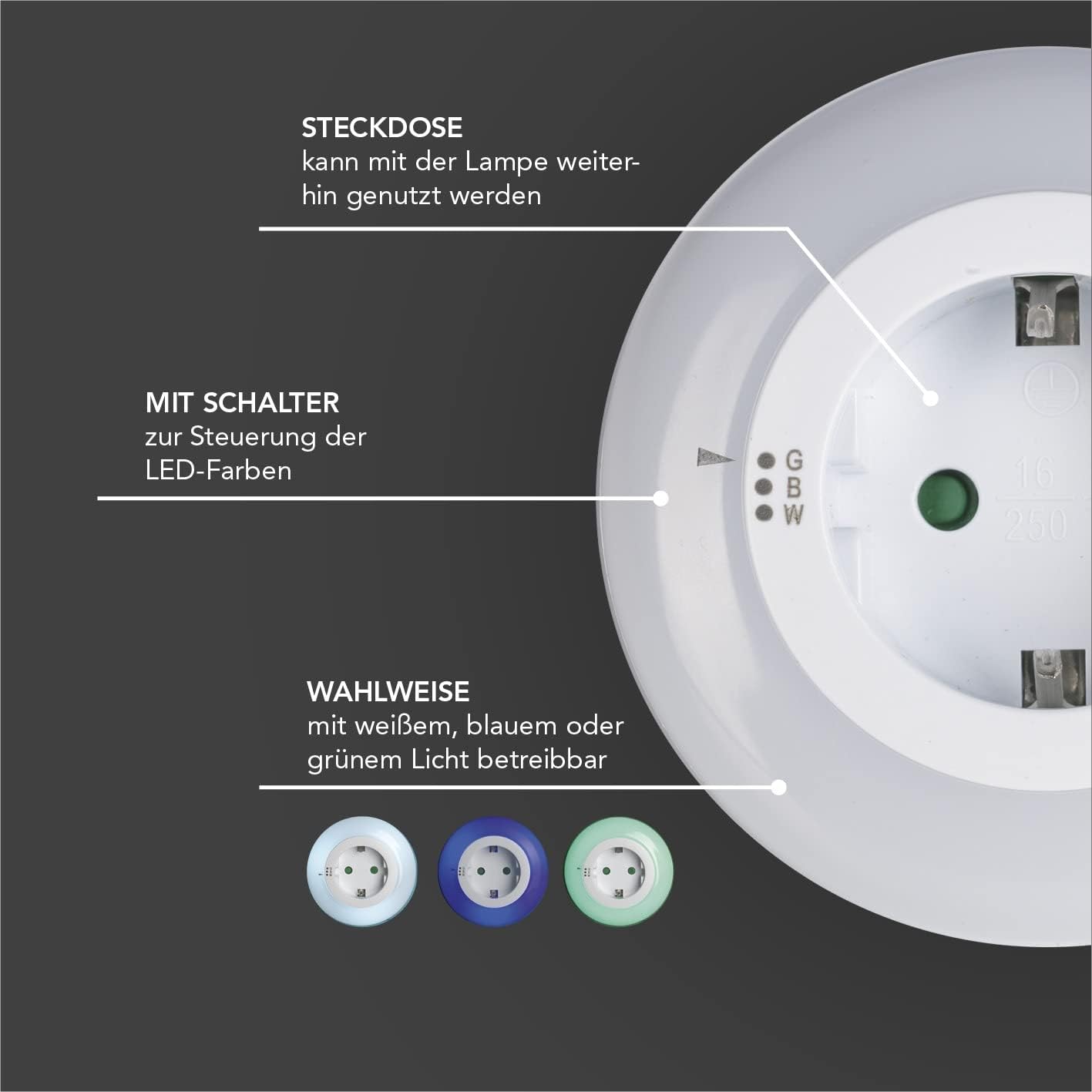 MAXXMEE LED-Steckdosenleuchte Nachtlicht | Mit automatischem Lichtsensor | Wandleuchte wahlweise mit weißem, blauem oder grünem Licht betreibbar | Schalter zur Steuerung der LED-Farben [Weiß] | MAXXMEE, automatisch, Wandleuchte, weiß, blau, grün, energiesparend, Schlafzimmer, Flur, Kinderzimmer, Steckdose — Ansicht 5