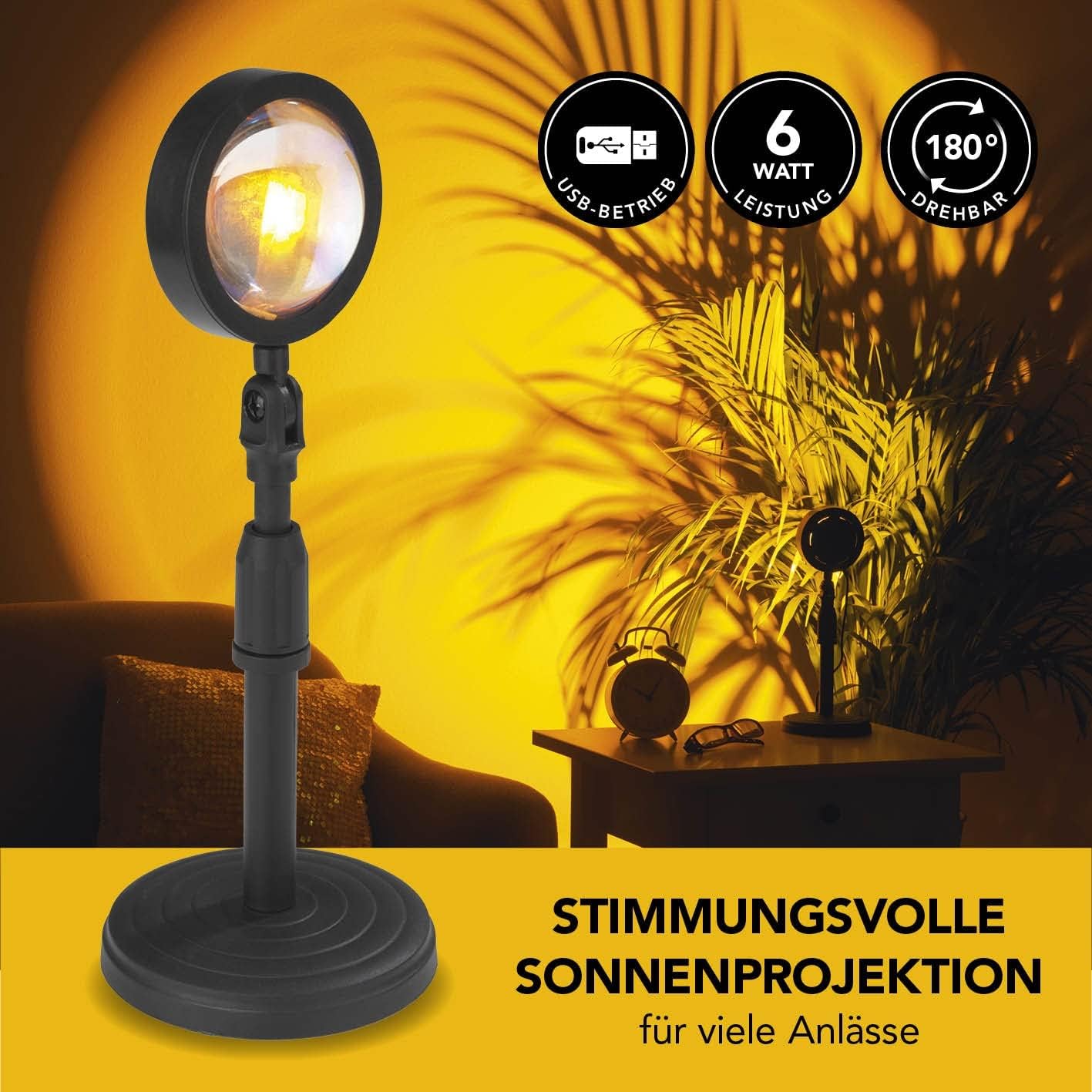 MAXXMEE LED-Sunset-Lampe | Projektionsleuchte mit Sonnenuntergangs-Atmosphäre | Stimmungsvolle Raumdekoration mit warmem Licht | Lampenkopf um 180° dreh- und verstellbar [schwarz] — Ansicht 2