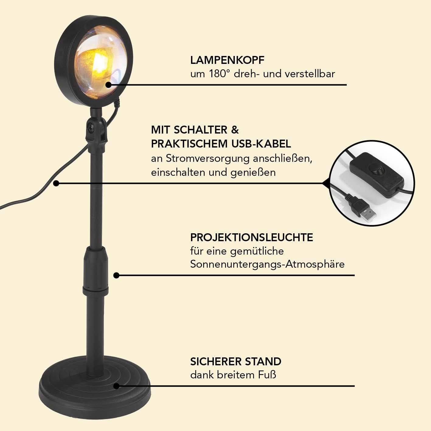 MAXXMEE LED-Sunset-Lampe | Projektionsleuchte mit Sonnenuntergangs-Atmosphäre | Stimmungsvolle Raumdekoration mit warmem Licht | Lampenkopf um 180° dreh- und verstellbar [schwarz] — Ansicht 4